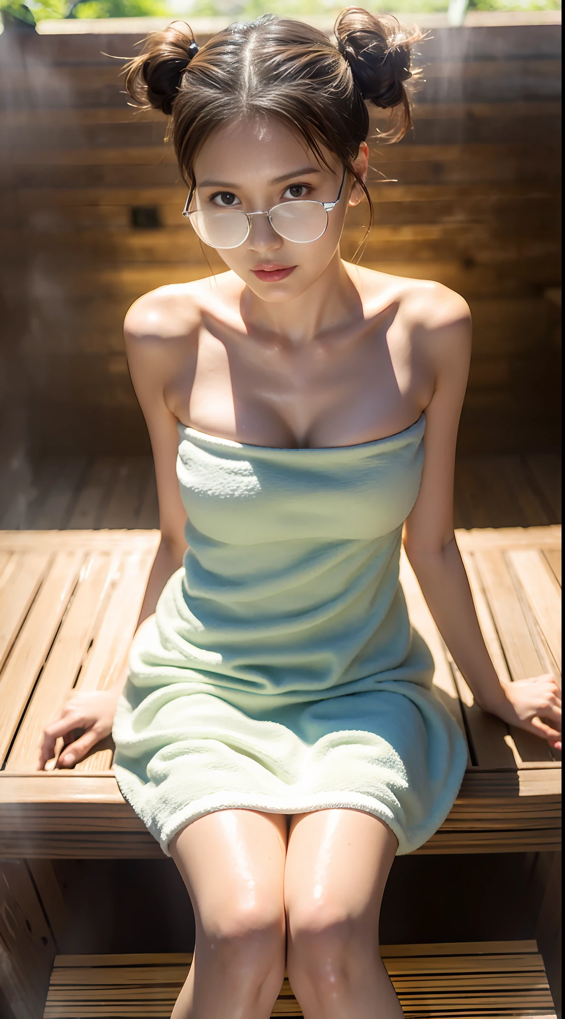 1girl, solo, (masterpiece, best quality, 8K, ,photorealistic, mulberry:1.37), viewer, 18 years old, pretty Japan woman, slender figure: 1.1, (((small breasts: 2.0)))), sitting, bathing in sauna, blushing cheeks, brown hair, very short bun hair wet skin with heavy sweat: 1.2, ( White large size towel fabric dress, strapless), Finnish sauna, realistic body, makeup, gloss slip, small face, focusing on the face, (Wellington type cell frame glasses), lazy look,