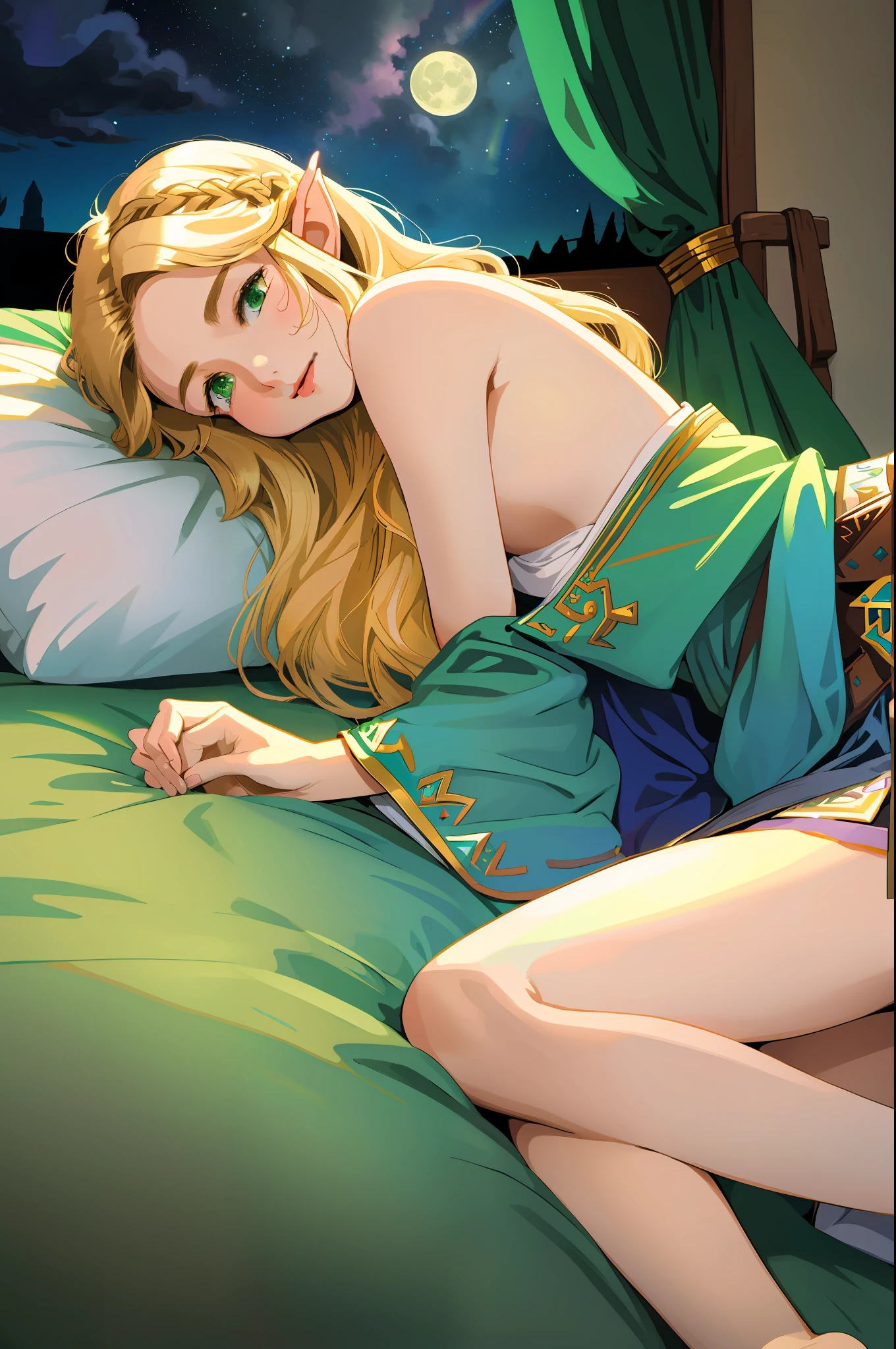 Zelda ((masterpiece)), (illustration), ((best quality)), rainbow color, high resolution illustration, Amazing, highres, intricate detail, extremely detailed CG unity 8k wallpaper ((zelda)), small breast, naked, Blonde long hair, infatuation, (green eyes), NSFW, moonlight, night, lying on bed, sexy short skirt, no panties