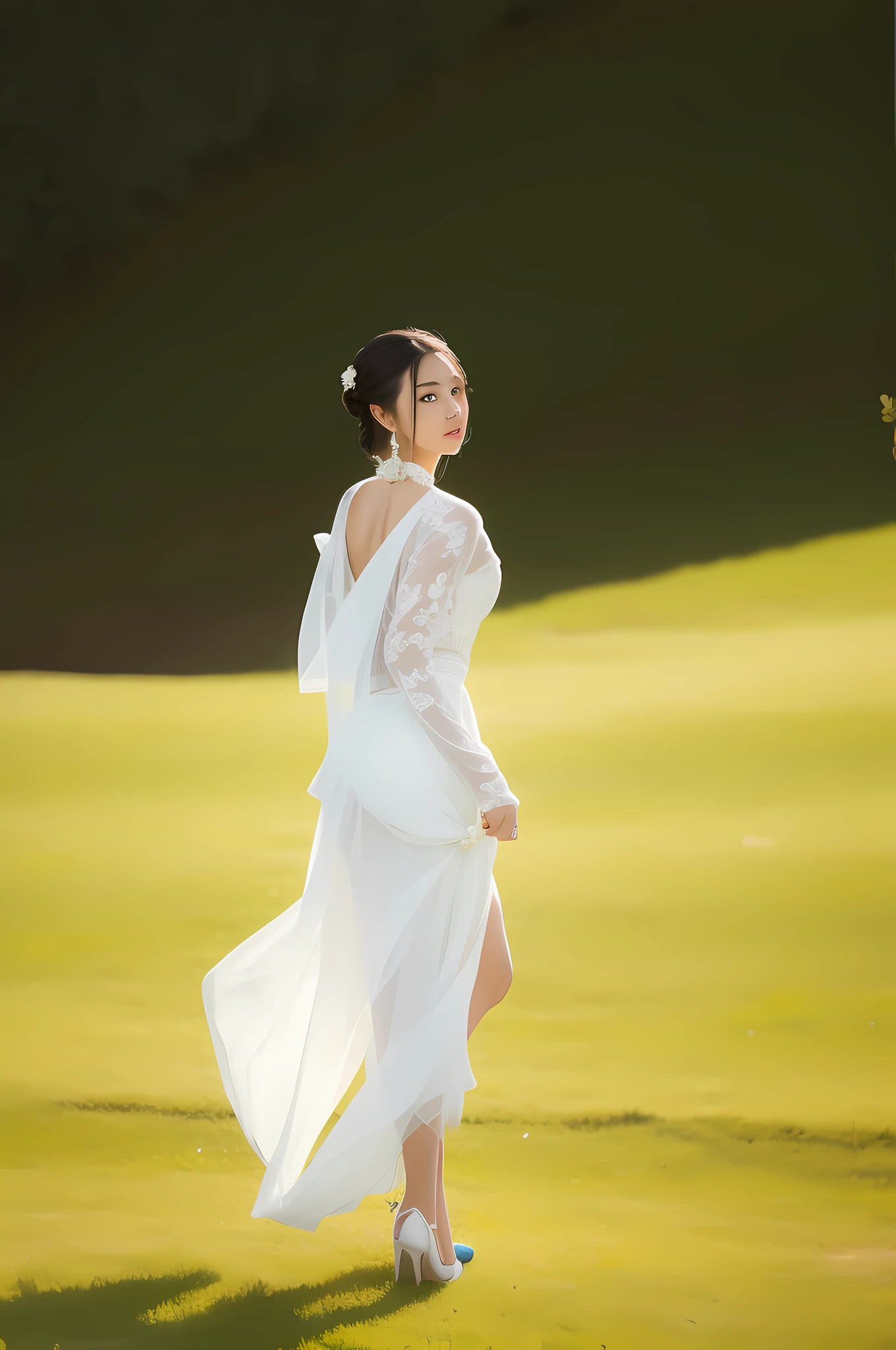 [1girl|solo], (masterpiece:1.1), (best quality:1.1), bride in white dress walking on grass, simple background