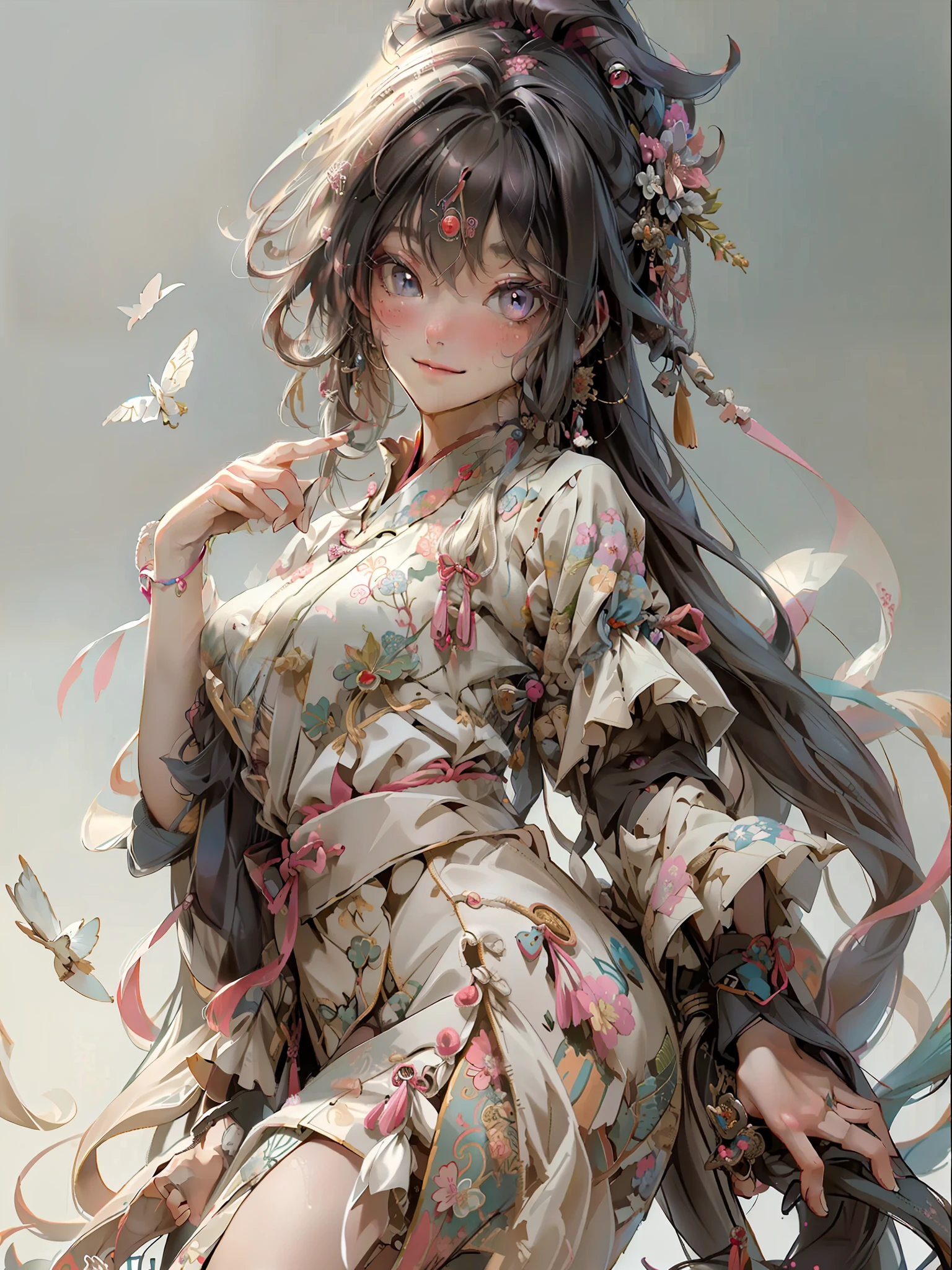 Official Art, Unified 8K Wallpapers, Ultra Detailed, Beautiful and Aesthetic, Masterpiece, Best Quality, (Zentangle, Tangle, Entangle), (fractal art: 1.4), 1girl, very detailed, delicate hands, correct fingers, dynamic angle, cowboyshot, (most beautiful form chaos), ethereal, (bright colors), oc, (full body: 0.8), china, (thangka flying sky: 1.5), (ribbon: 1.3), (dream: 1.5), (hanfu: 0.7), (smile: 0.5), (Chinese deity), upper body close-up