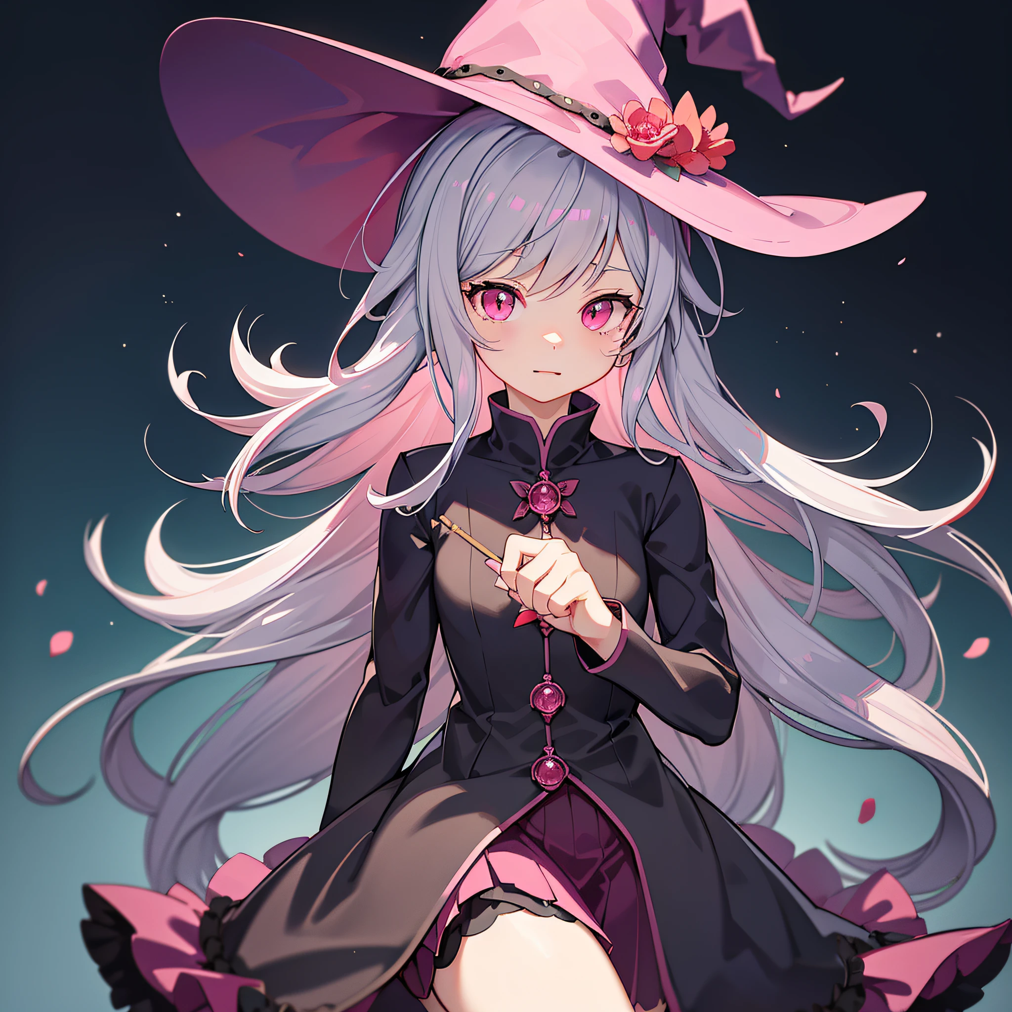 furry Witch, Carnation pink colors, witch hat, witch outfit, dark grey room splattered with crimson and streaks of light-grey, masterpiece, best quality