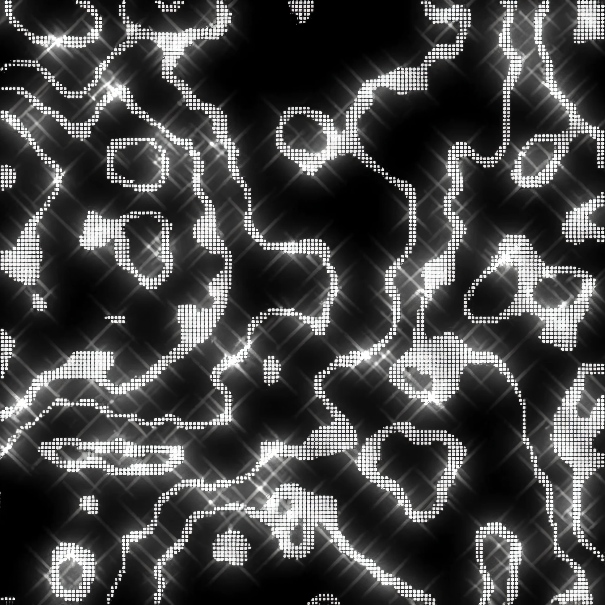 a close up of a black and white background with a pattern, some chaotic sparkles, particles light, perlin noise, generative line art, electric wallpaper, stippled light, houdini algorithm generative art, glowing particles, ( ( dithered ) ), digital art - n 9, monochrome background, particle lighting, ( ( generative ) ), cybernetic wallpaper --auto --s2
