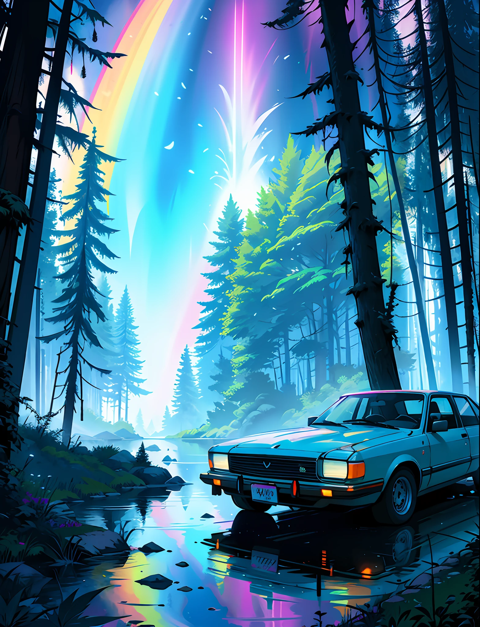 Car in the forest, lake, mountains, neon lights, neon, retrowave, club, night,,, in love Hemp, leaf, marijuana, cannabis, ((illustration)), colorful, wallpaper, energy, secret, magical environment, magical environment, magic wand, pages flying in the sky, omniscience, prediction of the future, understanding the past, frost magic, spells, red hair, long hair, --v 6