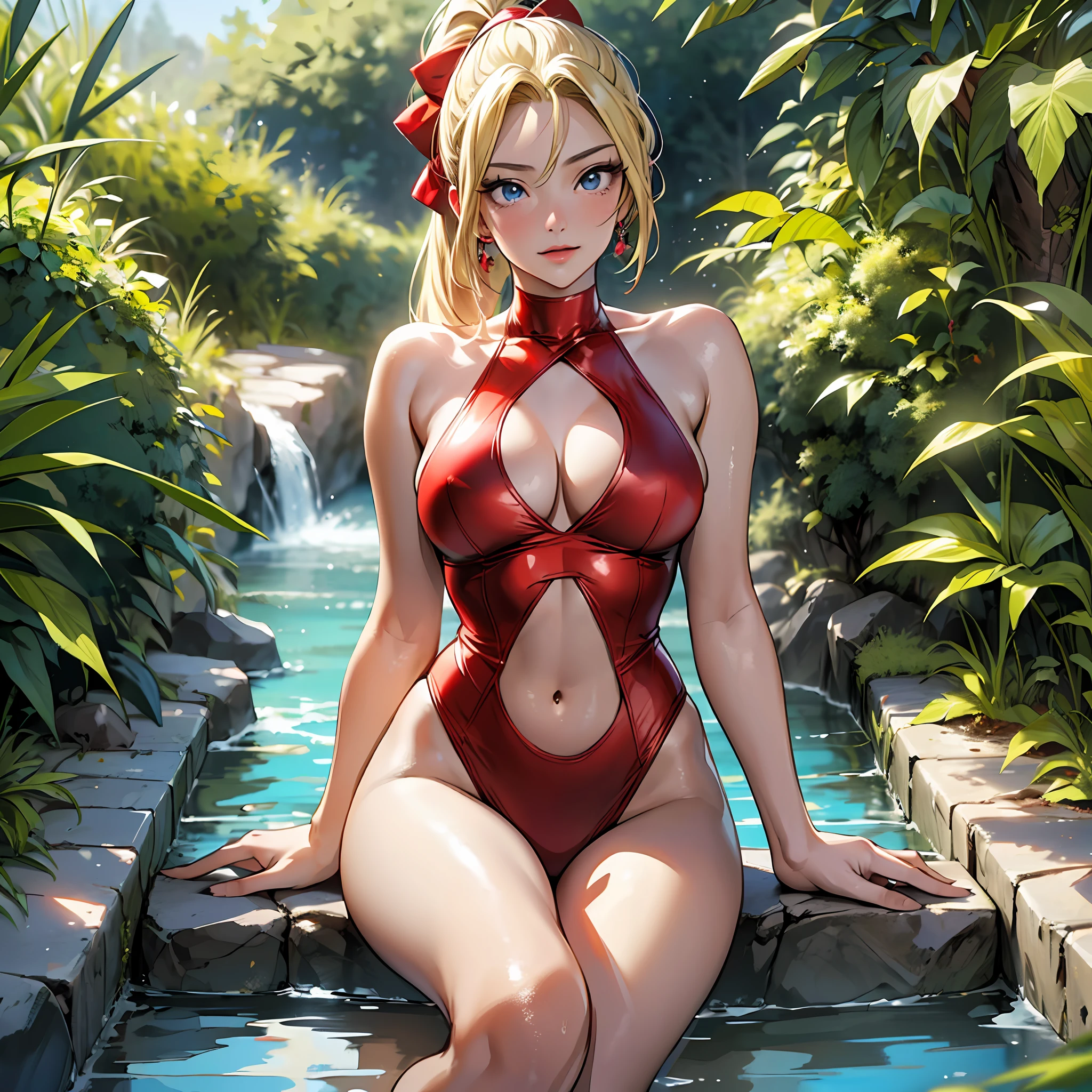 (8k), (best quality), (masterpiece: 1.2), (realistic), (photorealistic: 1.37), super detailed, one girl, viewer is watching, full body, 25 years old, blonde ponytail, red dress swimsuit, infinity bath, resort