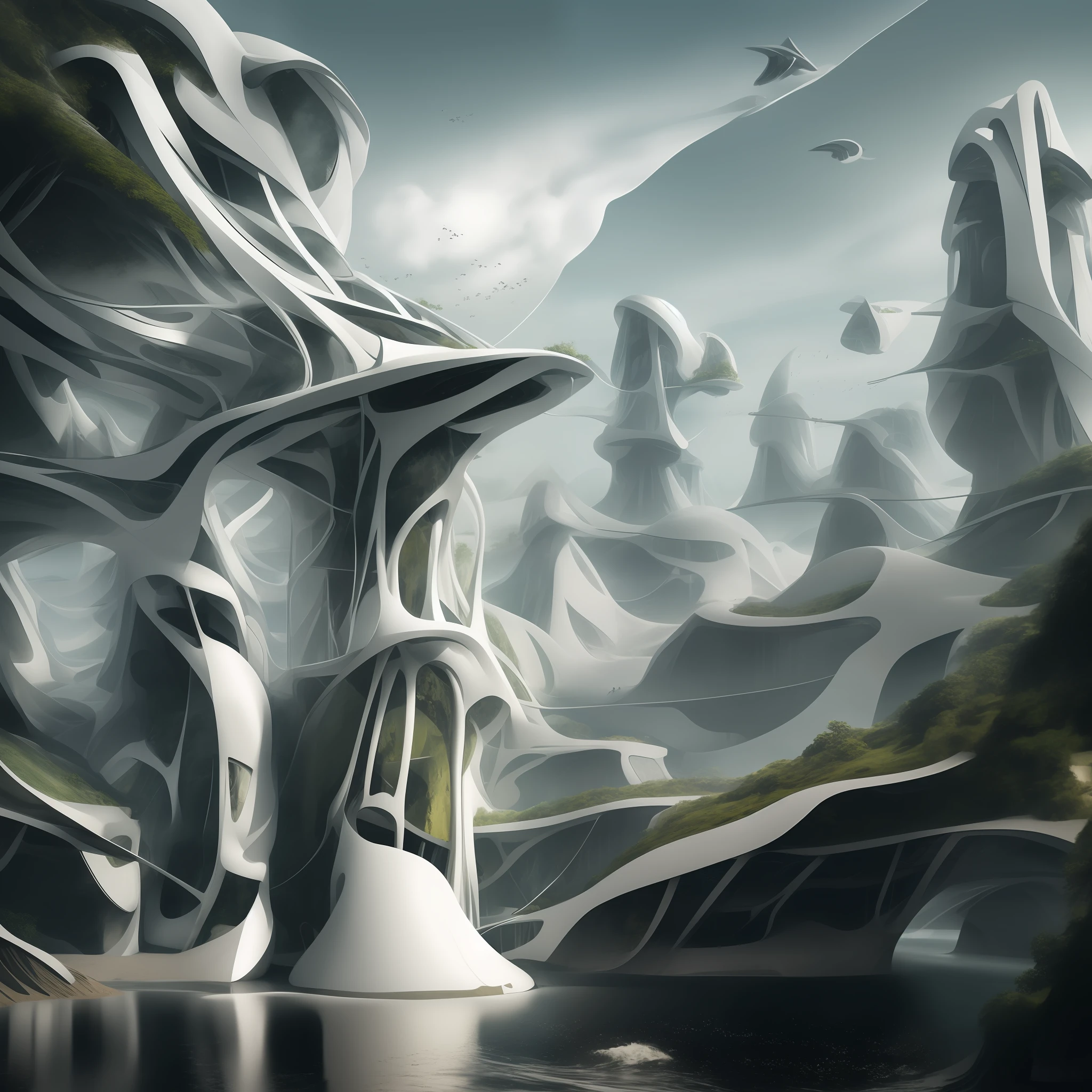 Airbrush drawing --v 5.1 style Futuristic design of an awesome sunny day environment concept art on a futuristic terrain with huge waterfalls,streams, mangroves,nature architecture, proportional,detailed,bright clouds, nature meets futuristic architecture by Santiago Calatrava and Vincent Callebaut with futuristic development, high rise made up staircases, balconies, full of composite glass facades, residential spaces carved from cliff side ,trending on artstation, beautiful lighting,In the style , fantasy, intricate, award winning, 4k, highest quality