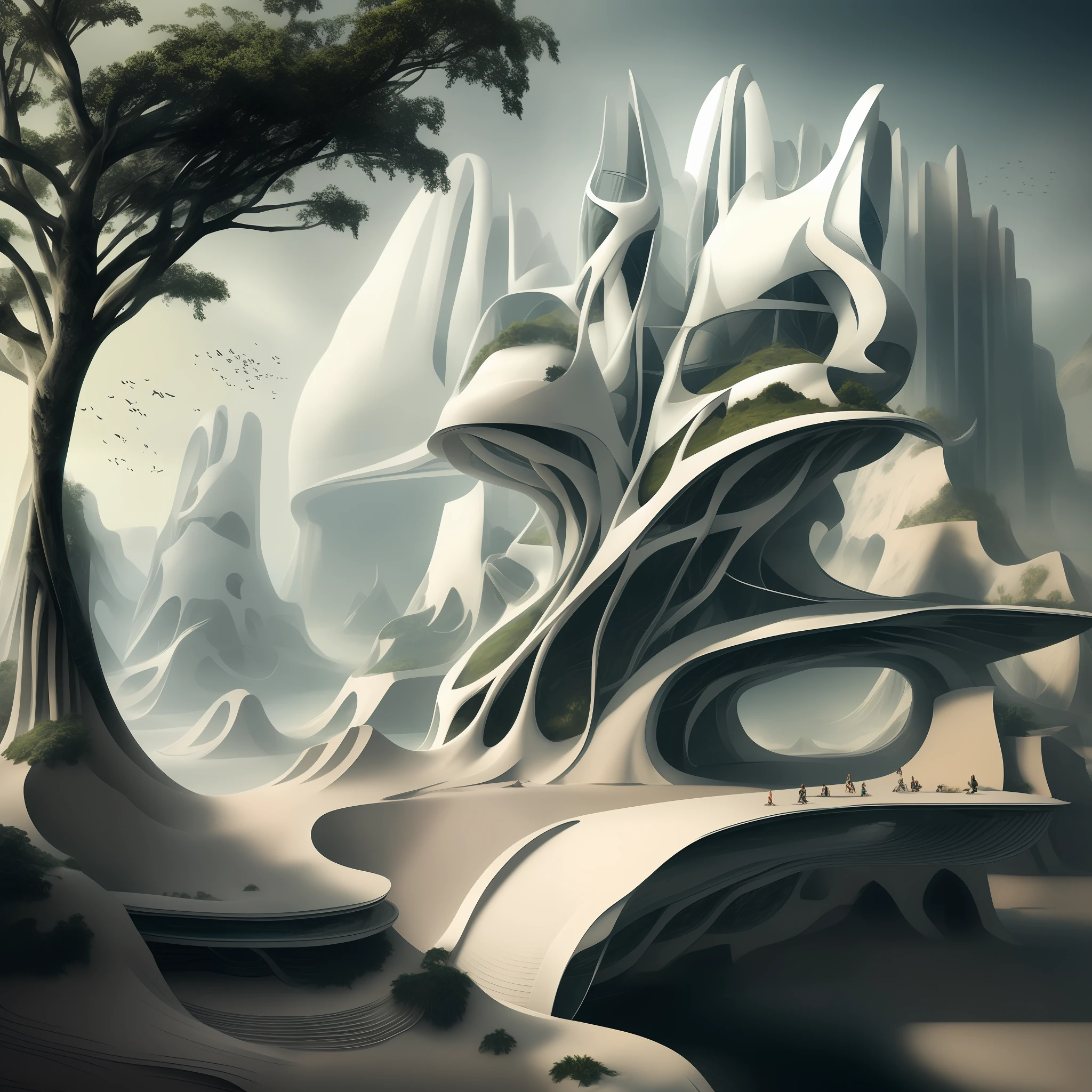Airbrush drawing --v 5.1 style Futuristic design of an awesome sunny day environment concept art on a futuristic terrain with huge waterfalls,streams, mangroves,nature architecture, proportional,detailed,bright clouds, nature meets futuristic architecture by Santiago Calatrava and Vincent Callebaut with futuristic development, high rise made up staircases, balconies, full of composite glass facades, residential spaces carved from cliff side ,trending on artstation, beautiful lighting,In the style , fantasy, intricate, award winning, 4k, highest quality