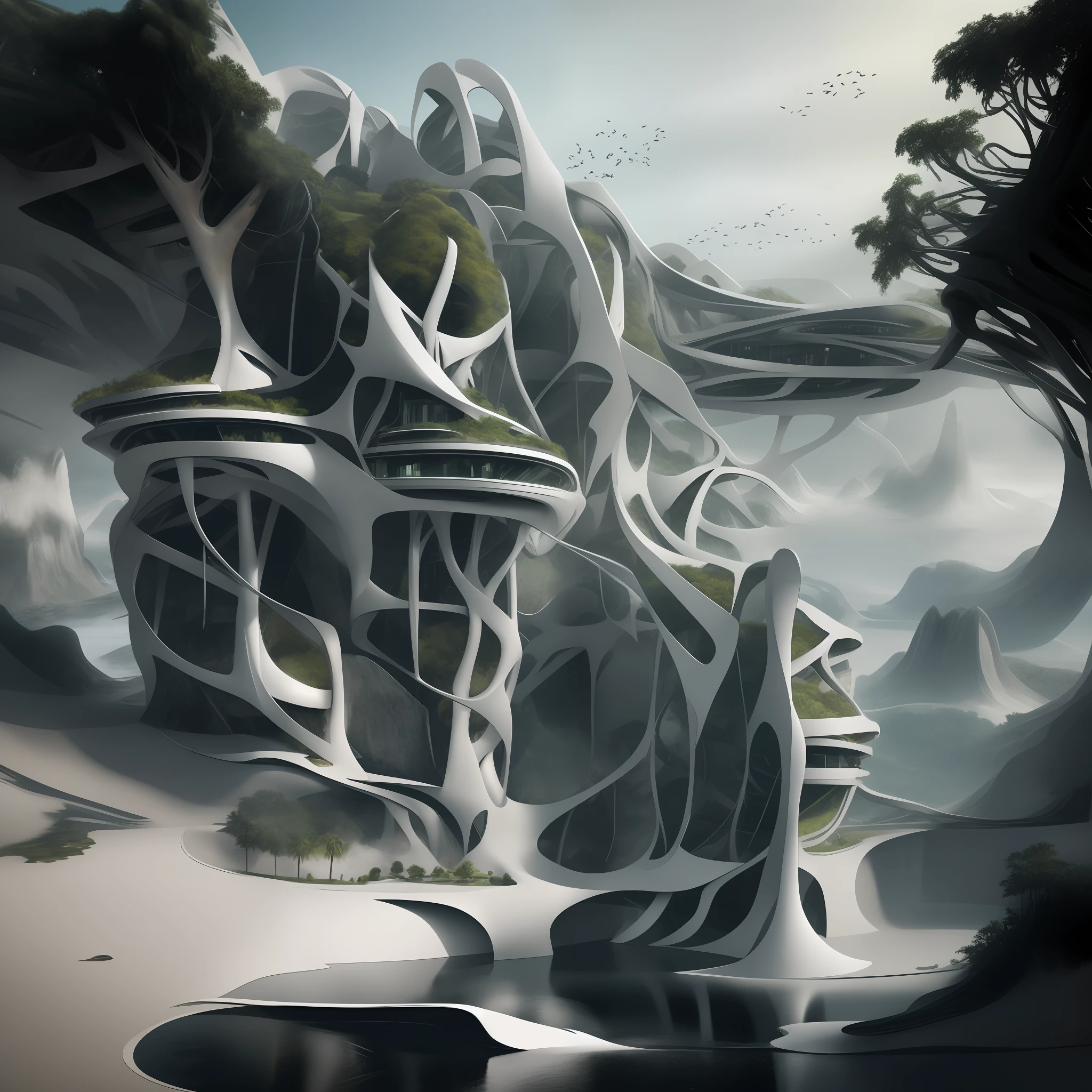 Airbrush drawing --v 5.1 style Futuristic design of an awesome sunny day environment concept art on a futuristic terrain with huge waterfalls,streams, mangroves,nature architecture, proportional,detailed,bright clouds, nature meets futuristic architecture by Santiago Calatrava and Vincent Callebaut with futuristic development, high rise made up staircases, balconies, full of composite glass facades, residential spaces carved from cliff side ,trending on artstation, beautiful lighting,In the style , fantasy, intricate, award winning, 4k, highest quality