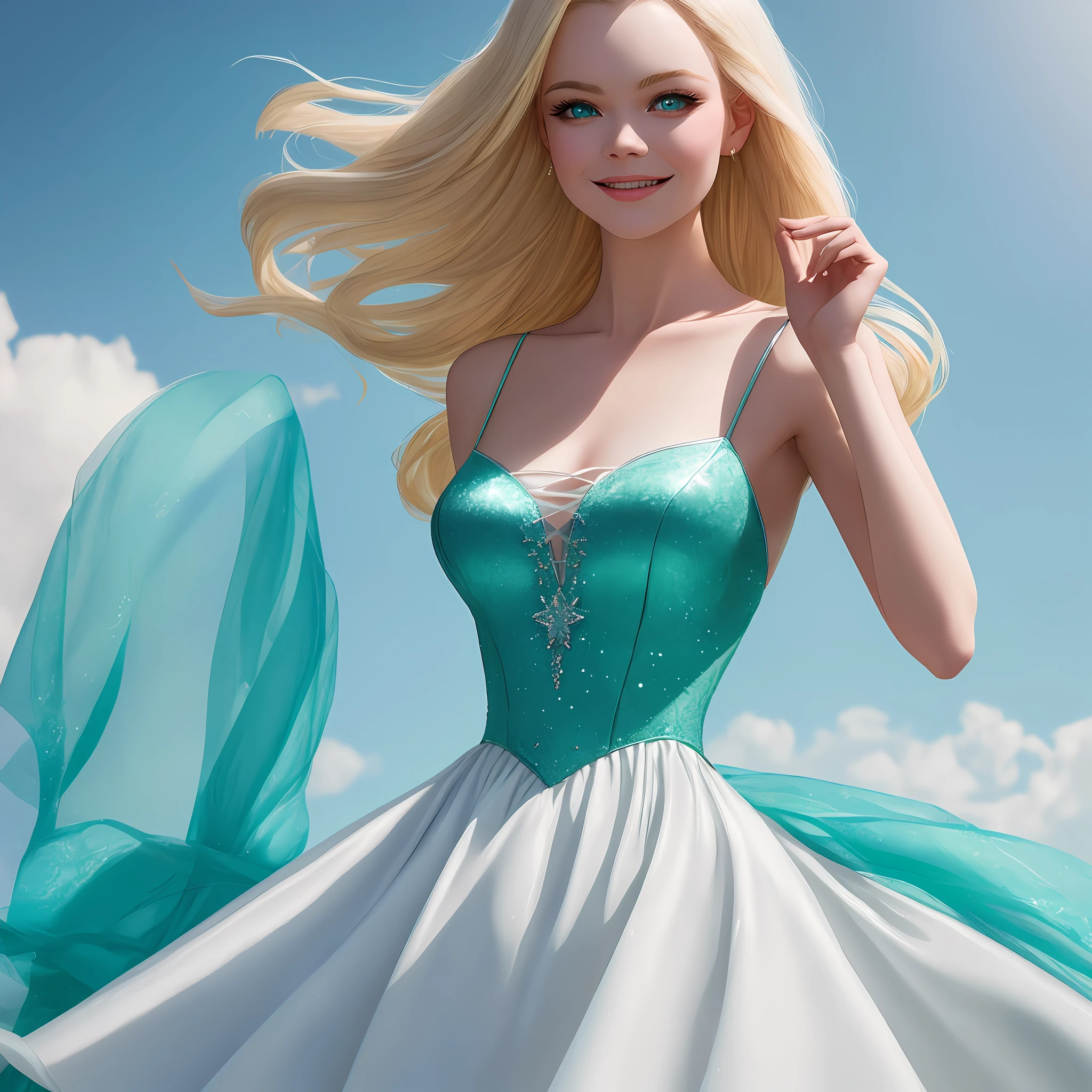 Cocktail_Dress, Masterpiece, high quality, 4K, beautiful design, bright, front, award-winning, extremely detailed, amazing, fine details, absurd, highly detailed blonde woman, extremely detailed eyes and face, by lee jeffries nikon d850 film stock photography 4 kodak portra 400 camera f1.6 lens rich colors realistic texture dramatic lighting unrealengine trend in artstation cinestill 800 tungsten,   1girl, solo, expressive look, (smiling seductively, swollen lips, [Elsa Jean| Elle Fanning]:1.155) HDR, highest quality, sexy dress, sharp focus, looking at the viewer, looking at the viewer, 4k, beautifully detailed emerald green eyes, a woman in a blue dress standing outside, deep neckline, white embroidery on the top of the dress, focus on the upper body with her arms up