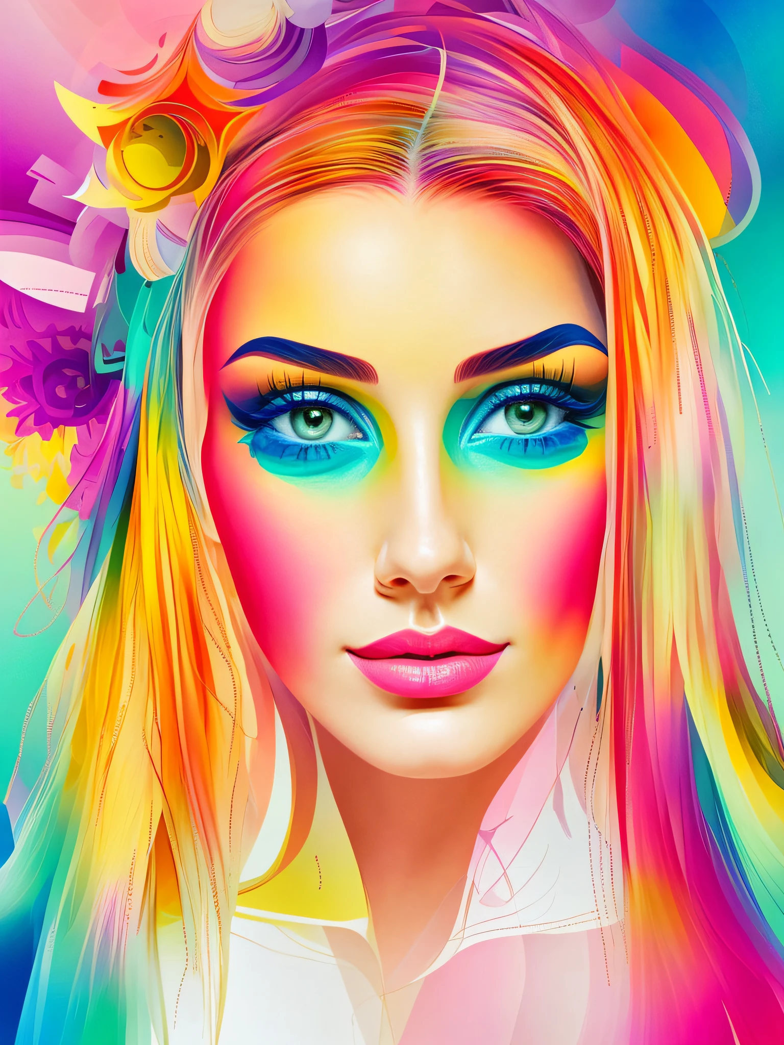 Abstract artwork that uses colorful overlapping shapes to create. The look should be inspired by the unique painting styles found in cubism with an emphasis on texture and intricate detail including hand - drawn typefaces& organic flourishes around the eyes, cheeks& nose