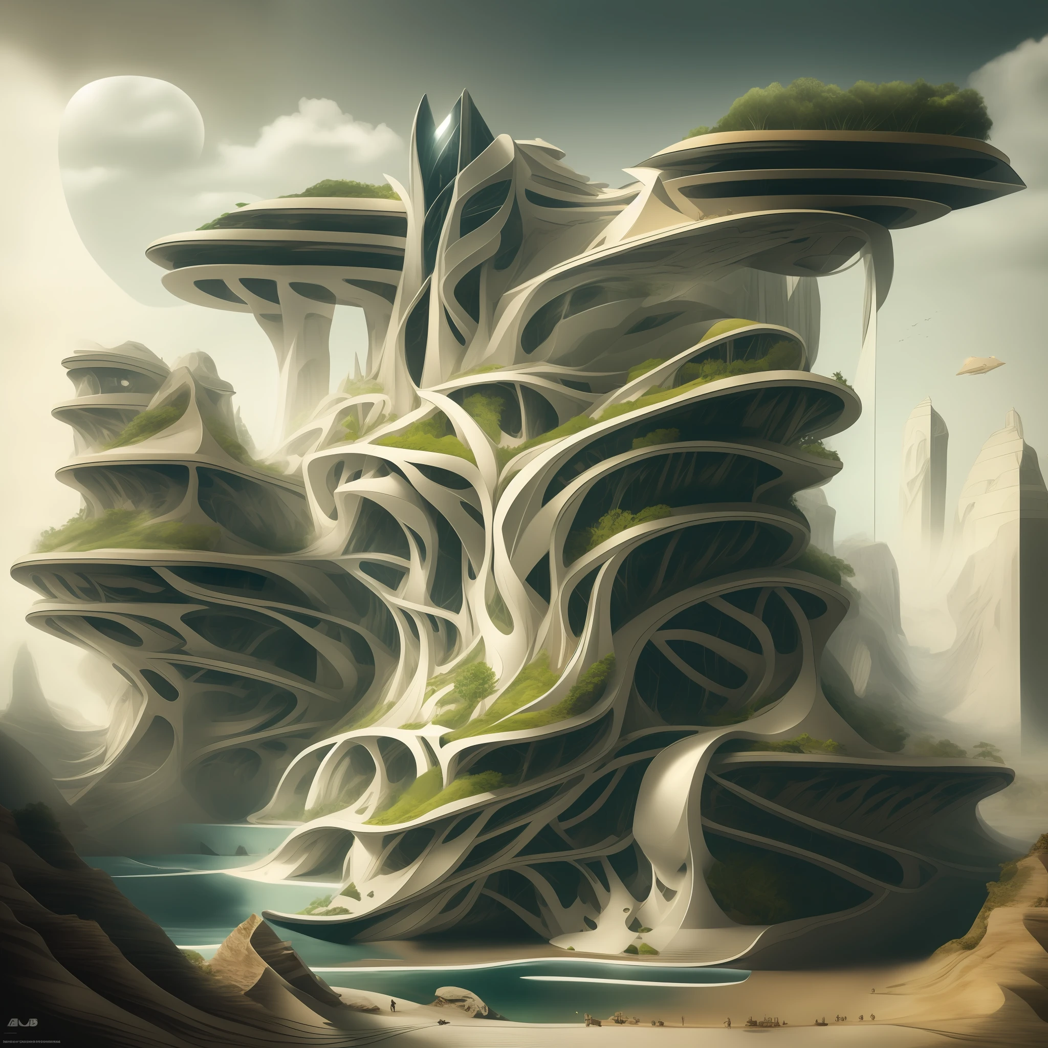 Airbrush drawing --v 5.1 style Futuristic design of an awesome sunny day environment concept art on a futuristic terrain with huge waterfalls,streams, mangroves,nature architecture, proportional,detailed,bright clouds, nature meets futuristic architecture by Santiago Calatrava and Vincent Callebaut with futuristic development, high rise made up staircases, balconies, full of composite glass facades, residential spaces carved from cliff side ,trending on artstation, beautiful lighting,In the style , fantasy, intricate, award winning, 4k, highest quality