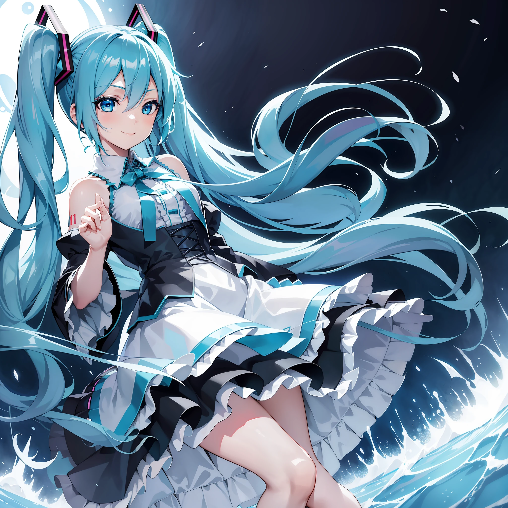 One girl, (Solo: 2.0), photorealistic, beautiful charming anime girl, super detailed, smile, beautiful blue eyes, beautiful style, (Hatsune Miku), slender, gentle look, seductive anime girl, full body, beautiful skin, long skirt, gothic lolita dress with a lot of frills, black tones,