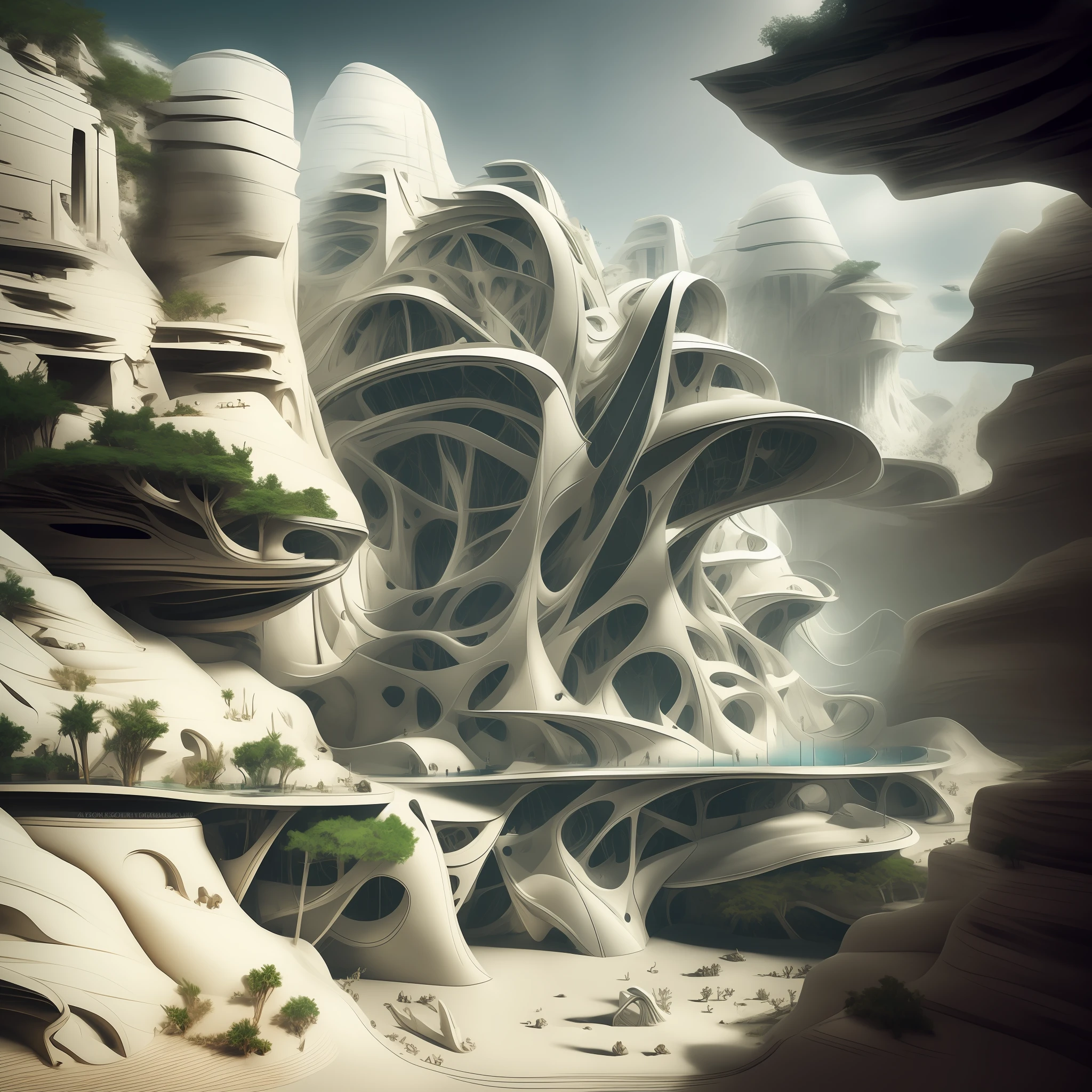 Airbrush drawing --v 5.1 style Futuristic design of an awesome sunny day environment concept art on a futuristic terrain with huge waterfalls,streams, mangroves,nature architecture, proportional,detailed,bright clouds, nature meets futuristic architecture by Santiago Calatrava and Vincent Callebaut with futuristic development, high rise made up staircases, balconies, full of composite glass facades, residential spaces carved from cliff side ,trending on artstation, beautiful lighting,In the style , fantasy, intricate, award winning, 4k, highest quality
