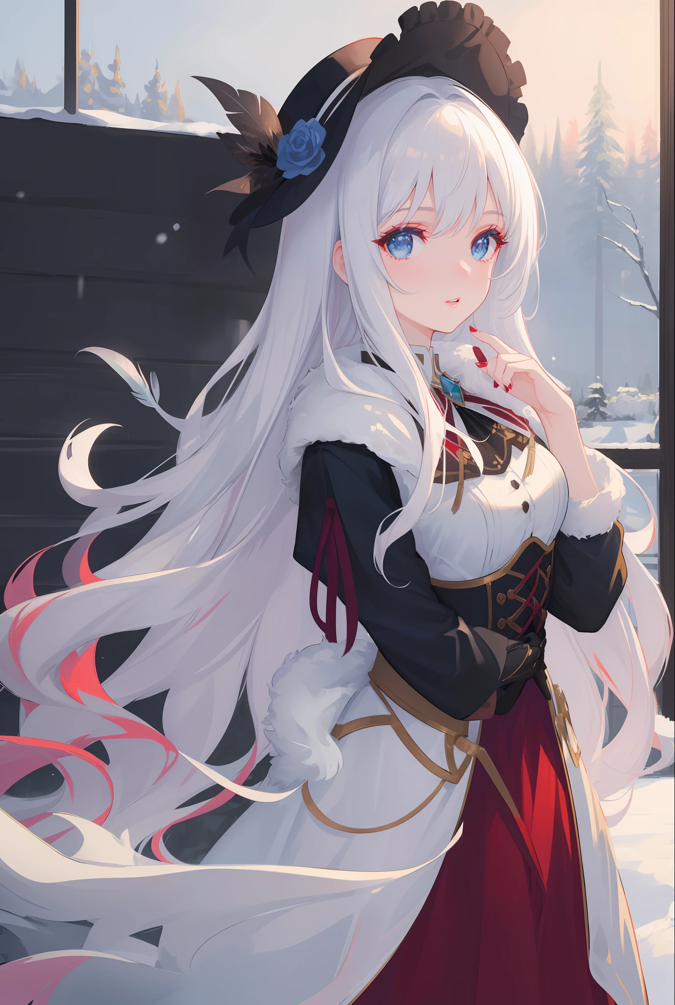 8k, 8k wallpaper, (an extremely delicate and beautiful:1.1), (beautiful detailed eyes:1.3), (best illustration:1.1), (best quality:1.3), (best shadow:1.1), (cinematic lighting:1.2), detailed eyes, (detailed_light:1.1), (dreamy:1.1), (extremely detailed CG unity 8k wallpaper:1.1), highres, (masterpiece:1.3), official_art, ray tracing, (stylized:1.3), trending on artstation, (ultra_detailed:1.2)
//STYLE
crystal, crystal_hair, sparkle
//POSE & COMPOSITION
1girl, biting_lip, hand_to_own_face, lips, looking_at_viewer, parted_lips, portrait, solo
//CHARACTER
aqua_nails, bangs, black_hat, blue_nails, breasts_apart, blue_eyes, eyelashes, eyeliner, feather_boa, flowing_hair, fur_trim, lace, lace_brim, lonely, long_fingernails, long_hair, makeup, medium_breasts, nail_polish, red_lips, red_lipstick, shiny_hair, silver_hair, top_hat, very_long_hair, white_corset, white_hair, winter_clothes
//BACKGROUND
forest, snow, snowing, tree, window, winter, wooden_wall
//TI, HYPERNETWORK, LORA