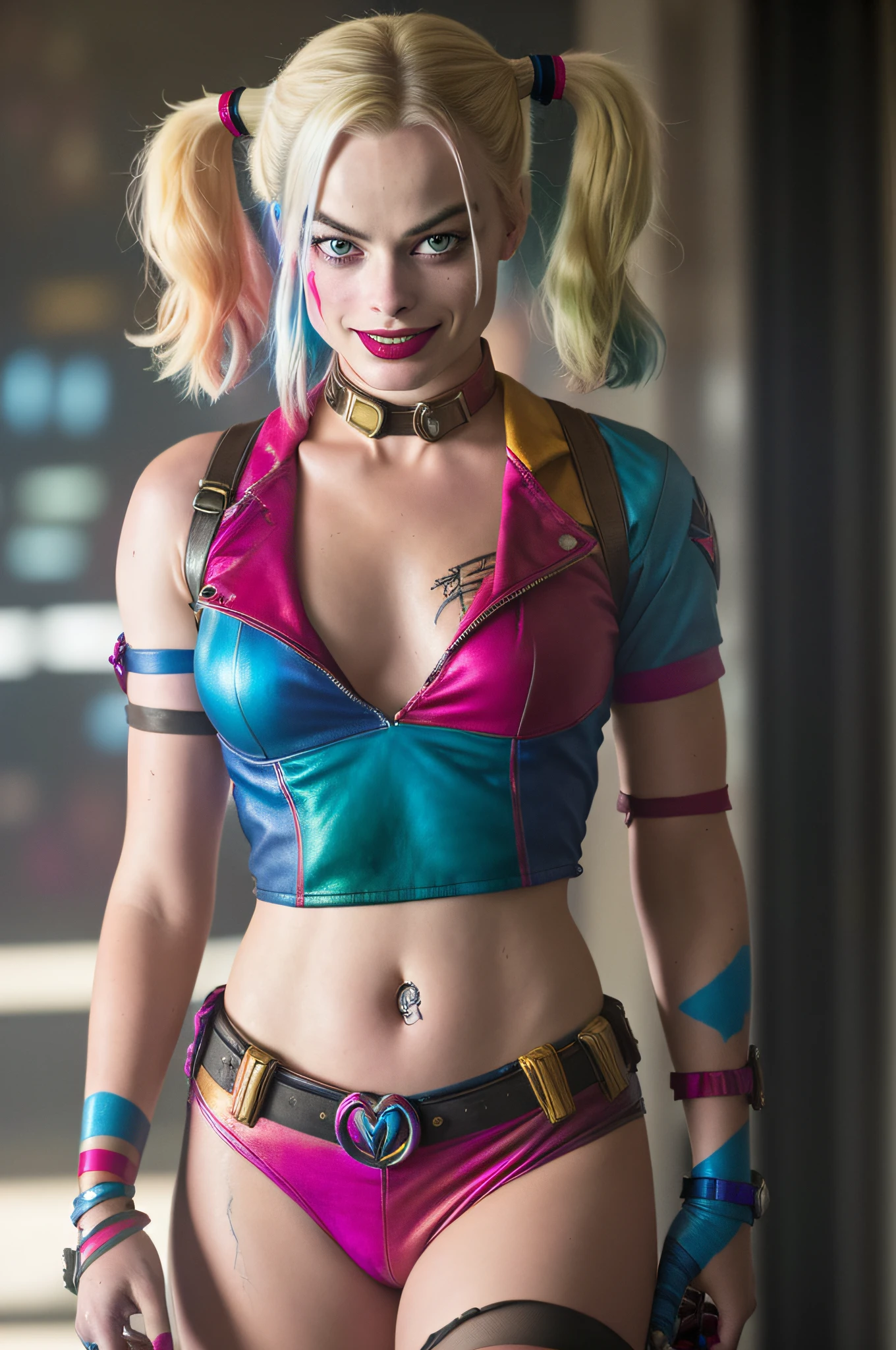 margot Robbie as Harley Quinn in Suicide Squad, full body, soft lighting, dynamic angle, realistic lighting, photo by Robert Adams, (natural skin texture, hyperrealism, soft light, sharp: 1.2), (intricate details: 1.12), hdr masterpiece, best quality, (highly detailed photo: 1.1), 8k, photorealistic, (SFW),