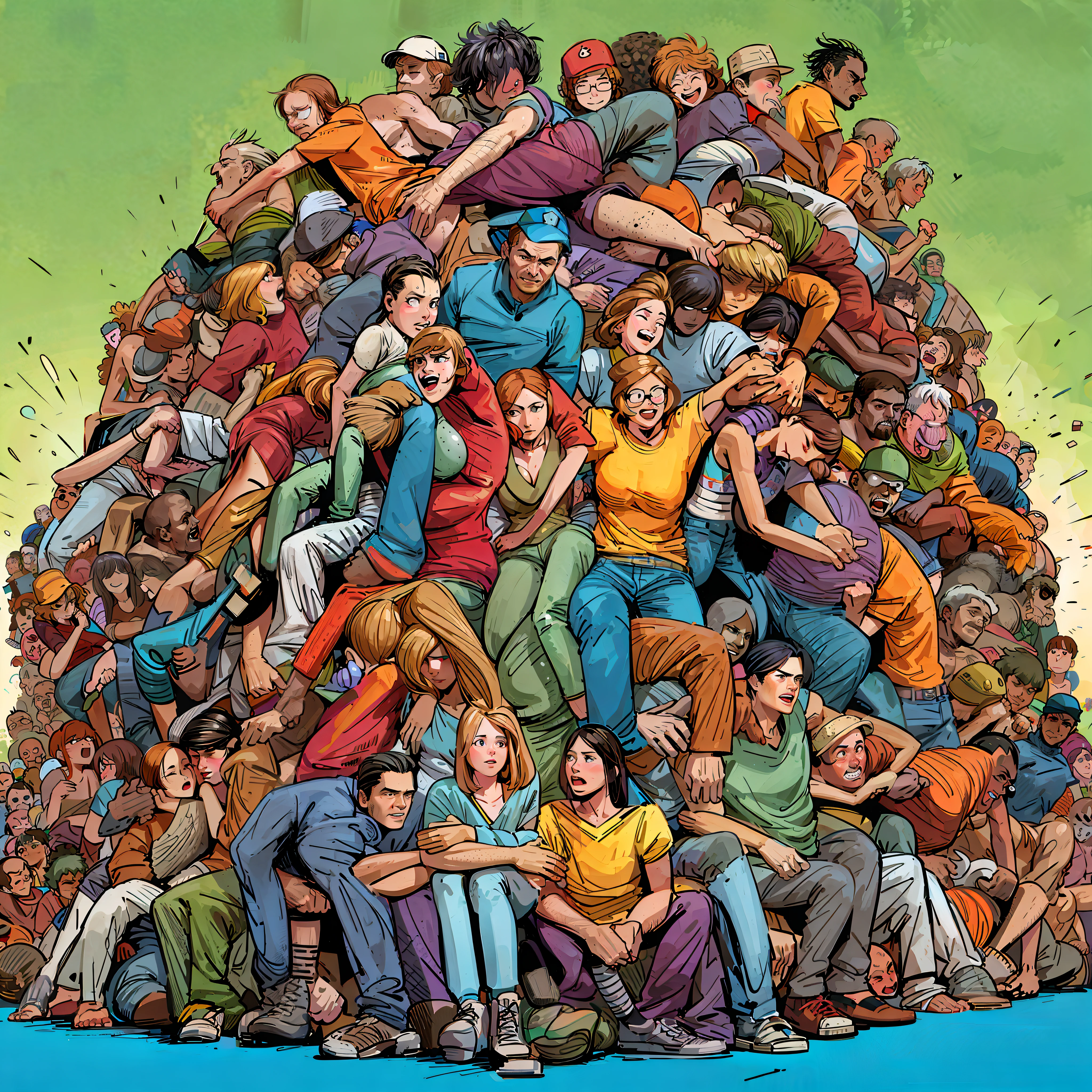 A pile stack of sad artists people, stacked up, highly detailed faces and limbs,  with tubes of paint, brushes, easels,  there are many people sitting on a pile of rocks, overcrowded, frank quitely, pile of bodies, full color illustration, piled around, very crowded, crowded people, joe chiodo, overpopulated, frank cho, color spread, giant crowd, crowded, textless, epic multifigures composition, absolutely outstanding image,