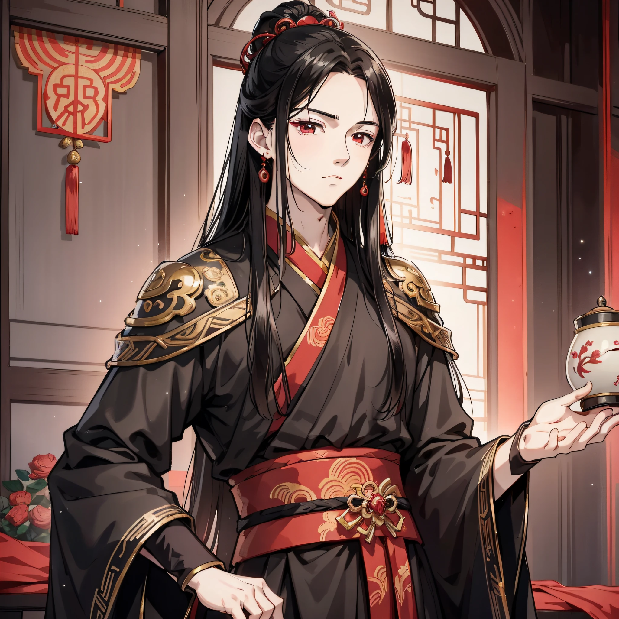 Ancient Chinese long black hair and about 18 years old anime young man wearing red wedding banquet Hanfu, (calm expression 1.5) (open mouth 1.5) (background is ancient Chinese room 1.5) anime style 4 K, anime rendering, anime style. 8k, handsome anime face, handsome costume boy (upper body display 1.5) (handsome boy 1.3) (movie level lighting 1.5)