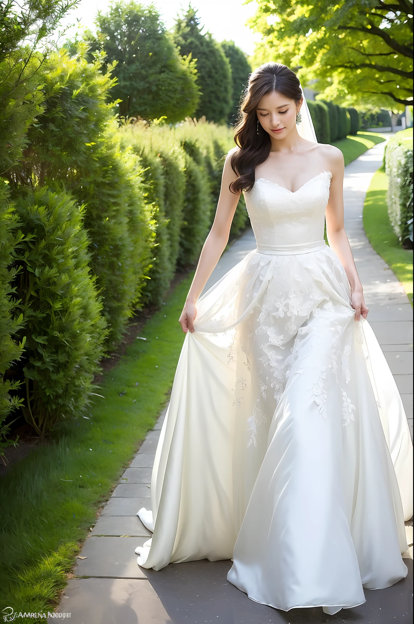 woman in a wedding dress walking down a path, wearing a wedding dress, Anton Fadeev 8 K, wedding dress, flowing dress, fancy dress, dress in a cute, stunning elegant, Anton Semonov, Marc Adamus, beautiful woman, Ekaterina, stunning elegant pose, Andrey Gordeev, dress dress cute dress