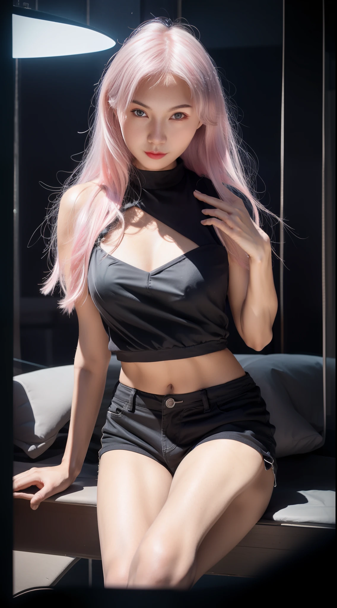 A woman in black top and gray shorts poses for photo, pink hair, seductive girl, realistic shadow perfect body, highly detailed, perfect white hair girl, 3d reality, beautiful seductive woman, beautiful seductive , attractive girl, realistic young girl, ultra-real, 8K HD, realistic