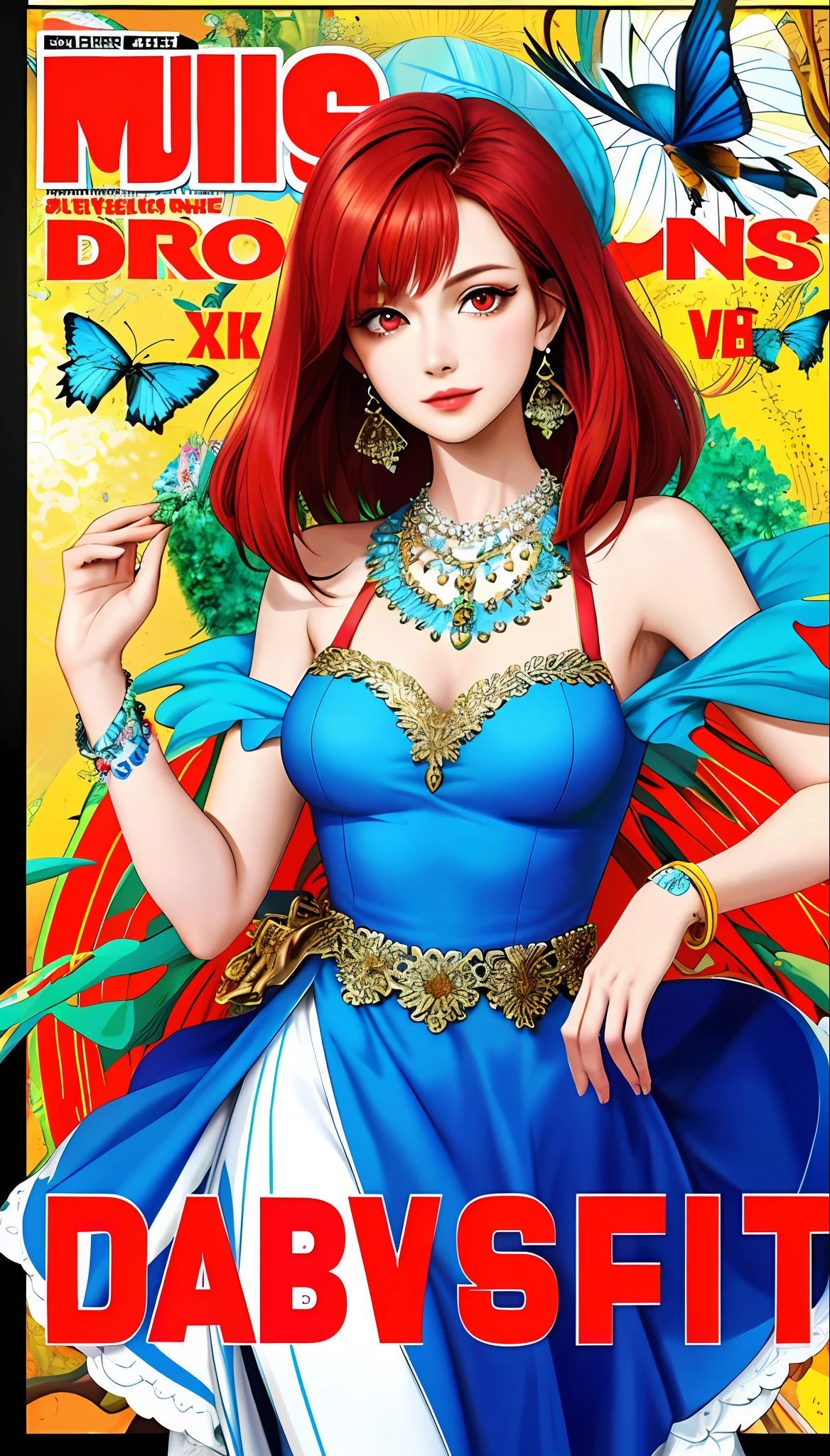 portraits, masterpieces, best quality, art nouvial,
flat bangs, slightly elongated red hair, red eyes, look at the viewer, (magazine:1.3), (cover style:1.3), fashion, women, brilliant, outfit, pose, front, colorful, dynamic, background, elements, confidence, expression, holding, statement, accessories, monumental, roll, surrounding, touch, scene, text, cover, bold, attention-grabbing, title, style, font, catchy, title, bigger, highlight, modern, trendy, fashionable,
a mystical maiden in a floral dress is dancing with superhuman creatures,
elegant dress inspired by nature, accessories include necklaces, earrings, rings, bracelets, hair ornaments, butterflies, birds, bees,, effective use of light and shadow,
Realistic, hyper realistic as real 3D, Zentangle,