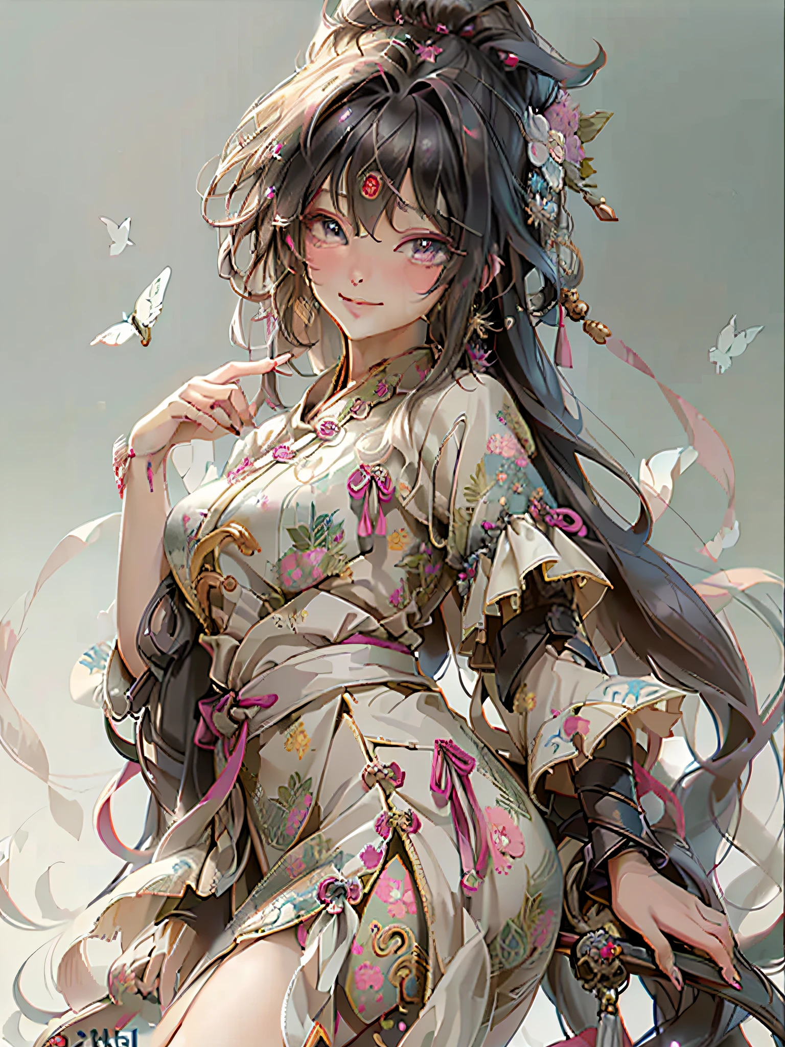 Official Art, Unified 8K Wallpapers, Ultra Detailed, Beautiful and Aesthetic, Masterpiece, Best Quality, (Zentangle, Tangle, Entangle), (fractal art: 1.4), 1girl, very detailed, delicate hands, correct fingers, dynamic angle, cowboyshot, (most beautiful form chaos), ethereal, (bright colors), oc, (full body: 0.8), china, (thangka flying sky: 1.5), (ribbon: 1.3), (dream: 1.5), (hanfu: 0.7), (smile: 0.5), (Chinese deity), upper body close-up
