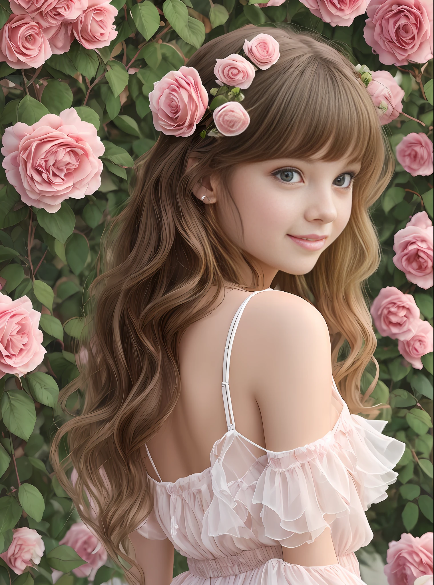 Beautiful girl in an airy chiffon dress, a smile on her face, highly detailed face, against a background of blooming rose bushes --auto --s2