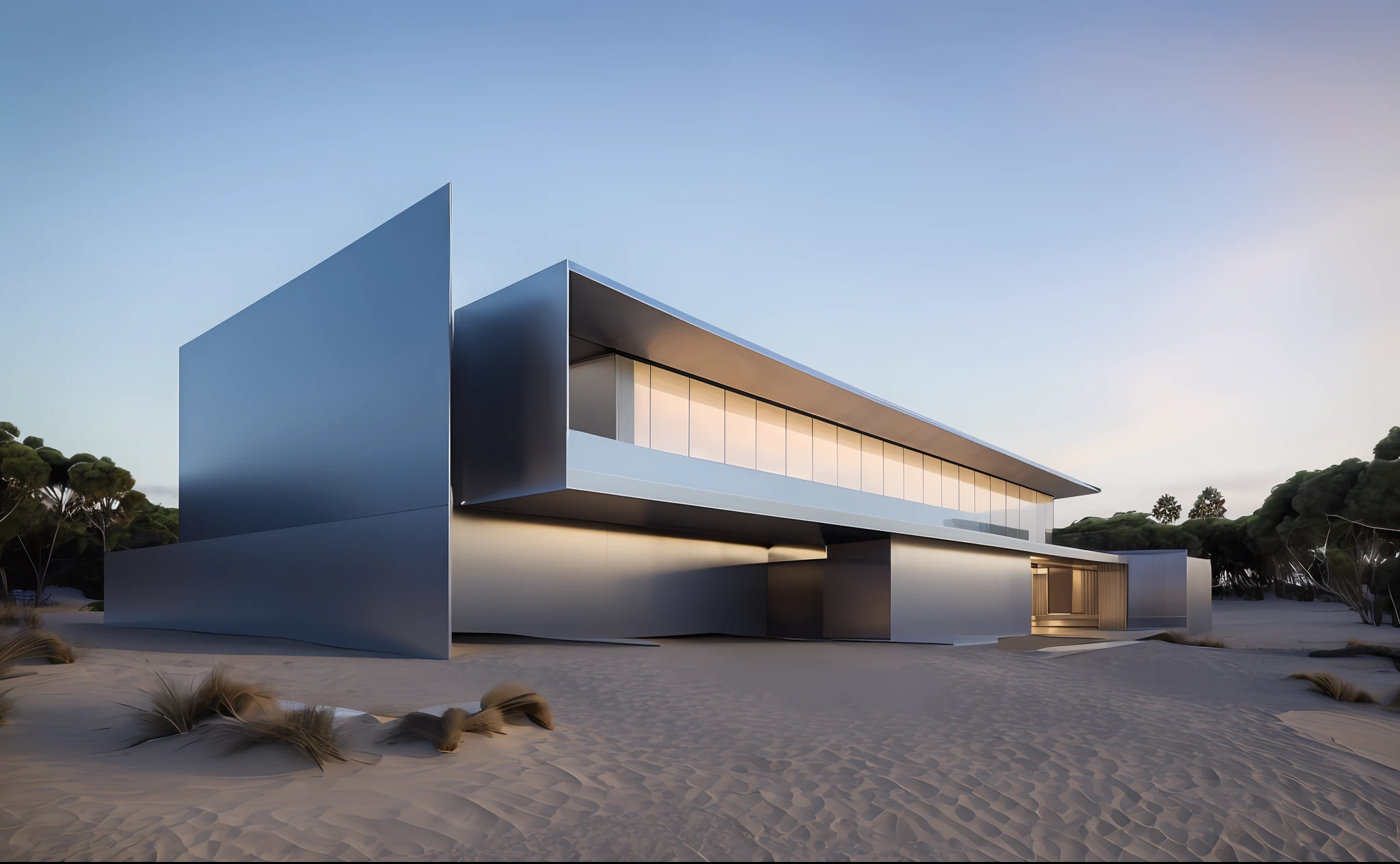 ((masterpiece, best quality)), 8k, modern architecture style, photo realistic, david chipperfield, hyper detailed photo, single box, a digital 3d render of a building, Metal building, leansflare, Beach, Night time