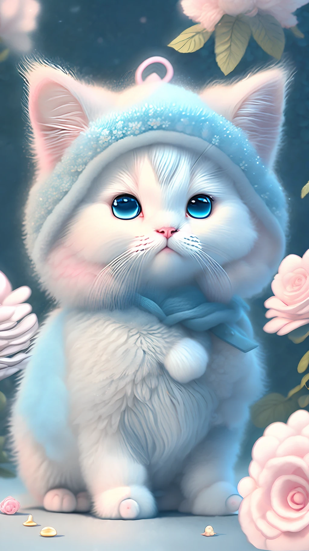 In this ultra-detailed CG art, cute kittens surrounded by ethereal roses, laughter, best quality, high resolution, intricate details, fantasy, cute animals, open mouths, laugh!!