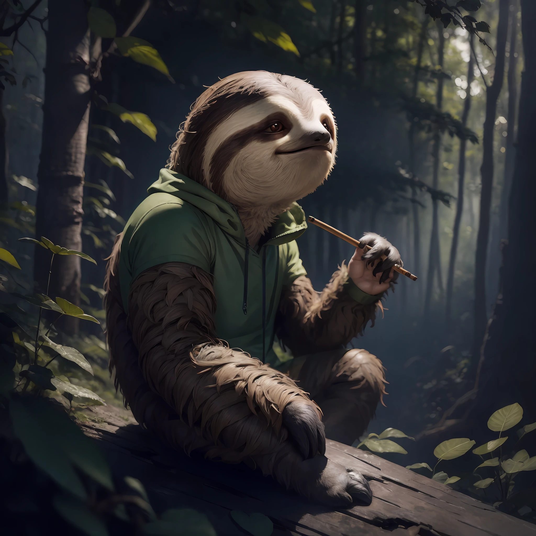 cartoon, ((sloth)), in the forest, smoking a leaf, wearing clothes, 4k, ((masterpiece)) --auto --s2