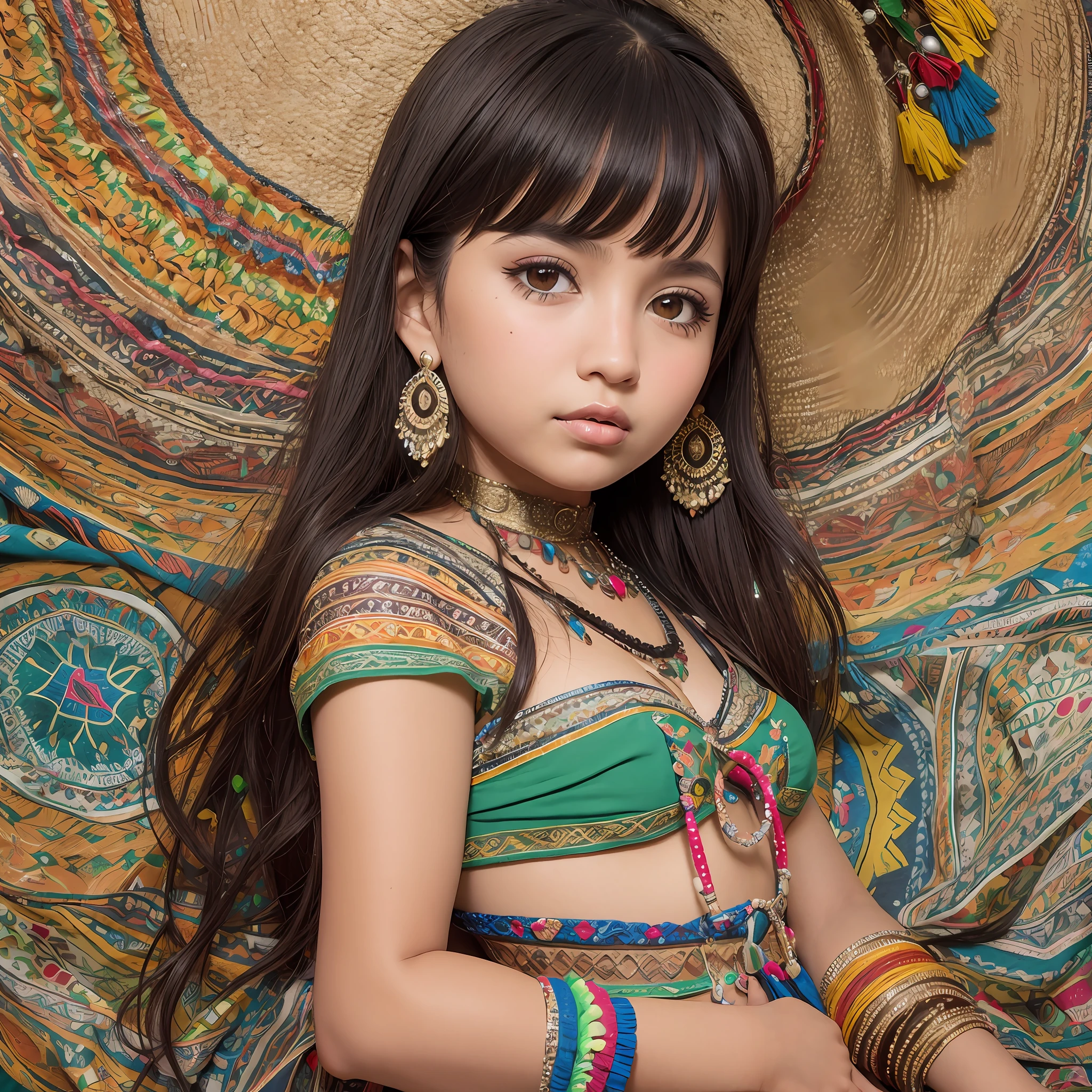 cigana latina do brazil, Girl 5 years, brunette gypsy, black eyes, brown hair, fat, round face, thin nose, colorful gypsy clothes, children's drawing, lawn background at full moon night --auto --s2