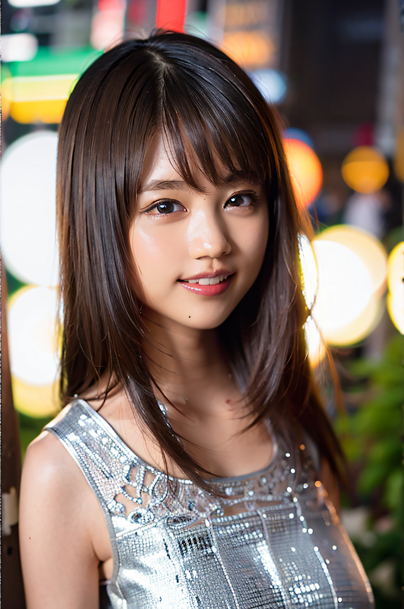 (8k, RAW photo, best quality, masterpiece: 1.2), (realistic, photorealistic: 1.37), ultra detail, ultra high resolution, one girl, beholder, beautiful detailed face, smile, constriction, (slim waist): 1.3), shirt, beautiful detailed skin, skin texture, floating hair, professional lighting, big breasts, kind eyes, white sleeveless, peering, upper body, neon, night view