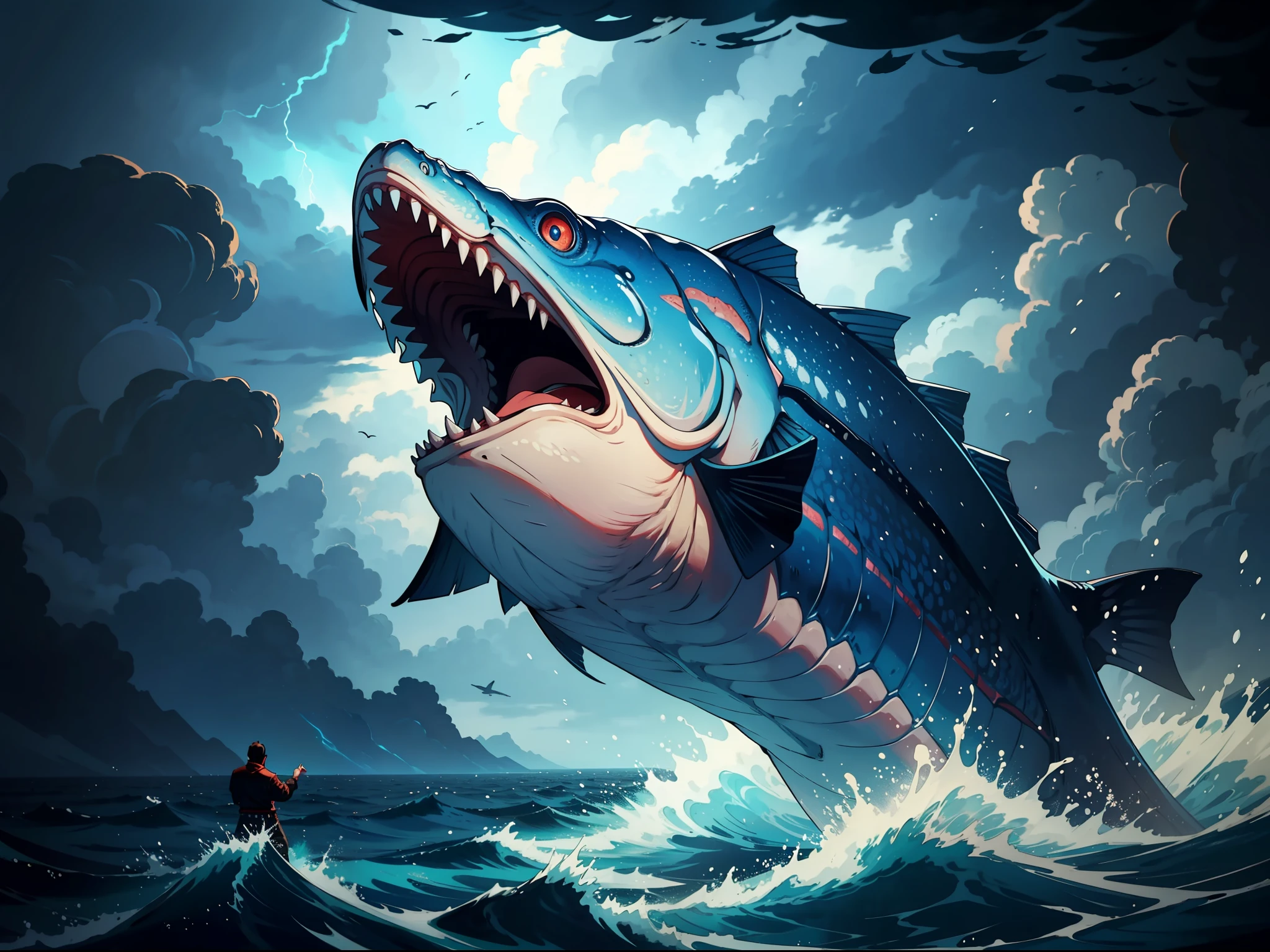 A man in the middle of a sea, a gigantic fish with its mouth open attacking man, a storm.