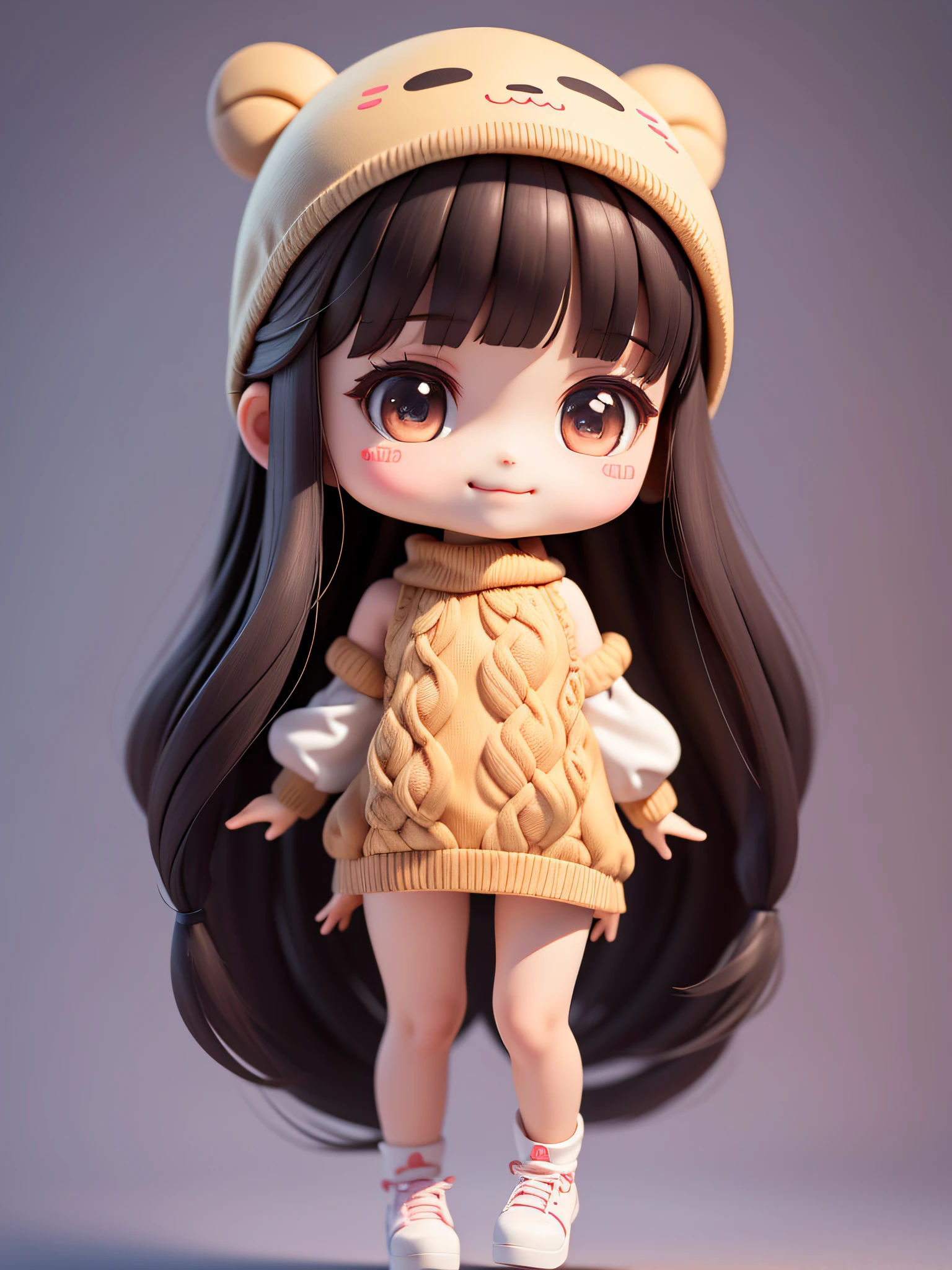 (masterpiece), (best quality), (super detailed), (full body: 1.2), 1 girl, chibi, cute, smile, colorless background, brown sleeveless high neck sweater, blush, straight hair, long hair, blurry, black hair, blush stickers, bangs, (beautiful detailed face), (beautiful detailed eyes), full body,