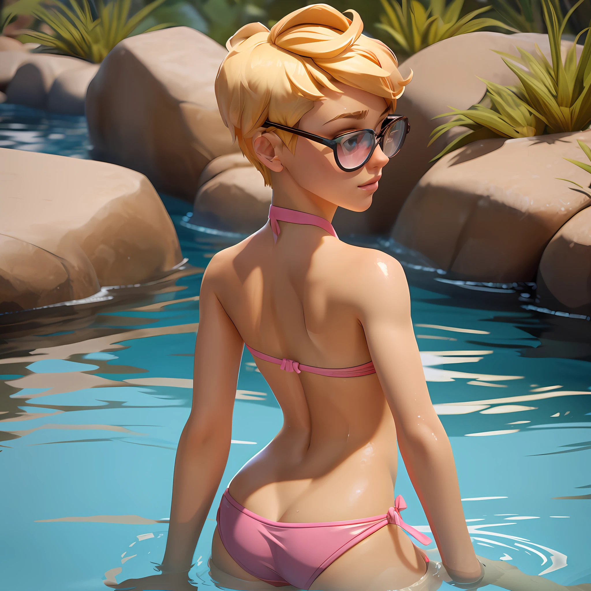 blond haired woman in pink bikini sitting in a pool of water, realistic bikini, character is in her natural pose, poolside, swimsuit model, 3 d render stylized, casual pose, super detailed render, adventure hyper realistic render, overwatch tracer in a bikini, cutesexyrobutts, stylized as a 3d render, character posing, highly detailed character