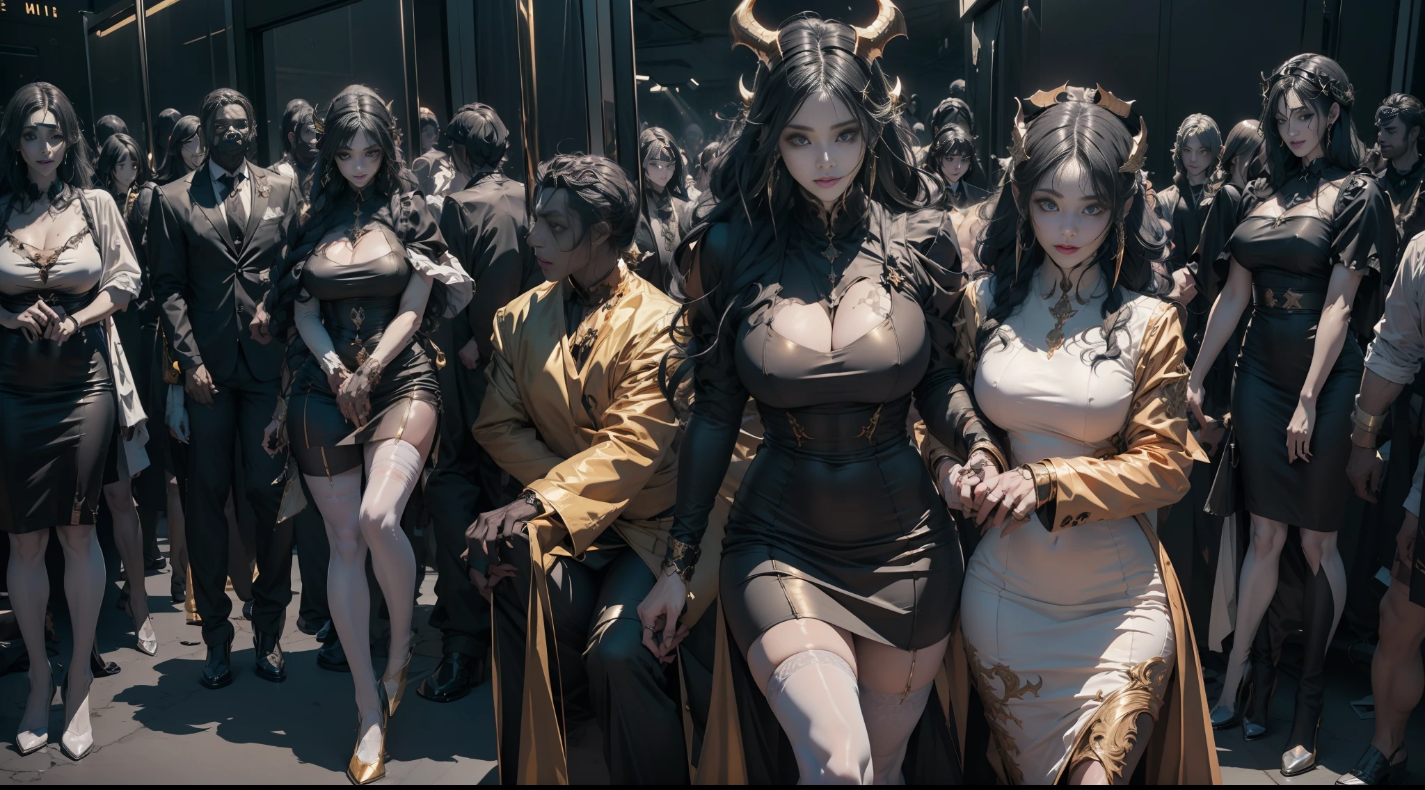 solo, super fine photo, portrait Unreal Engine 5 8K UHD of beautiful and mature demon female, gorgeous, long dress, gold collar with more detail, gold long bracelet with more detail, 2 demon horns, 6 arms, demon wings, informal pose, demon queen, hellish background, creepy and horror background, magma river with ghost faces floating, demon world, best quality, masterpiece, official art, unified 8k wallpaper, super detailed, sharp focus, dynamic pose, body parts, no extra limbs, precisely anatomy