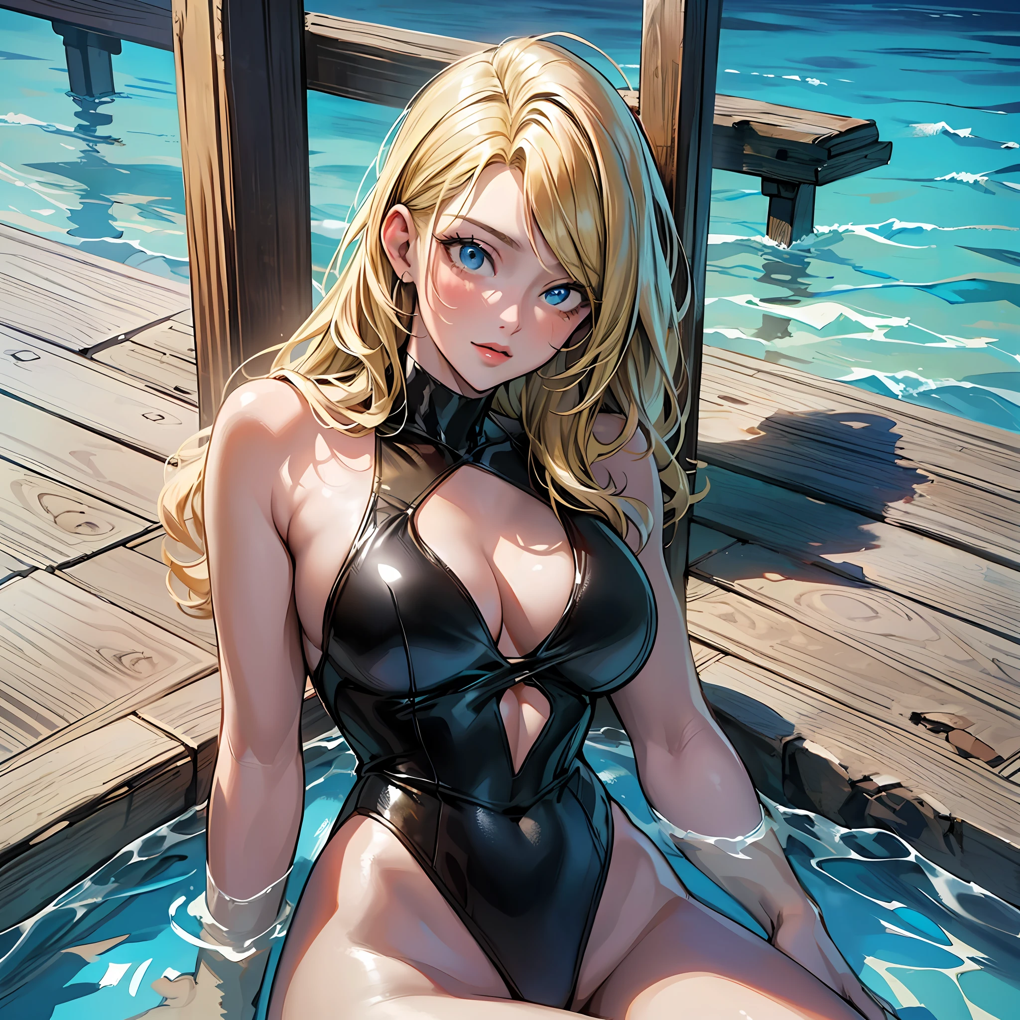 (8k), (best quality), (masterpiece: 1.2), (realistic), (photorealistic: 1.37), super detailed, one girl, viewer is watching, full body, 25 years old, blonde, leotard swimsuit, beautiful nails, infinity pool with ocean background