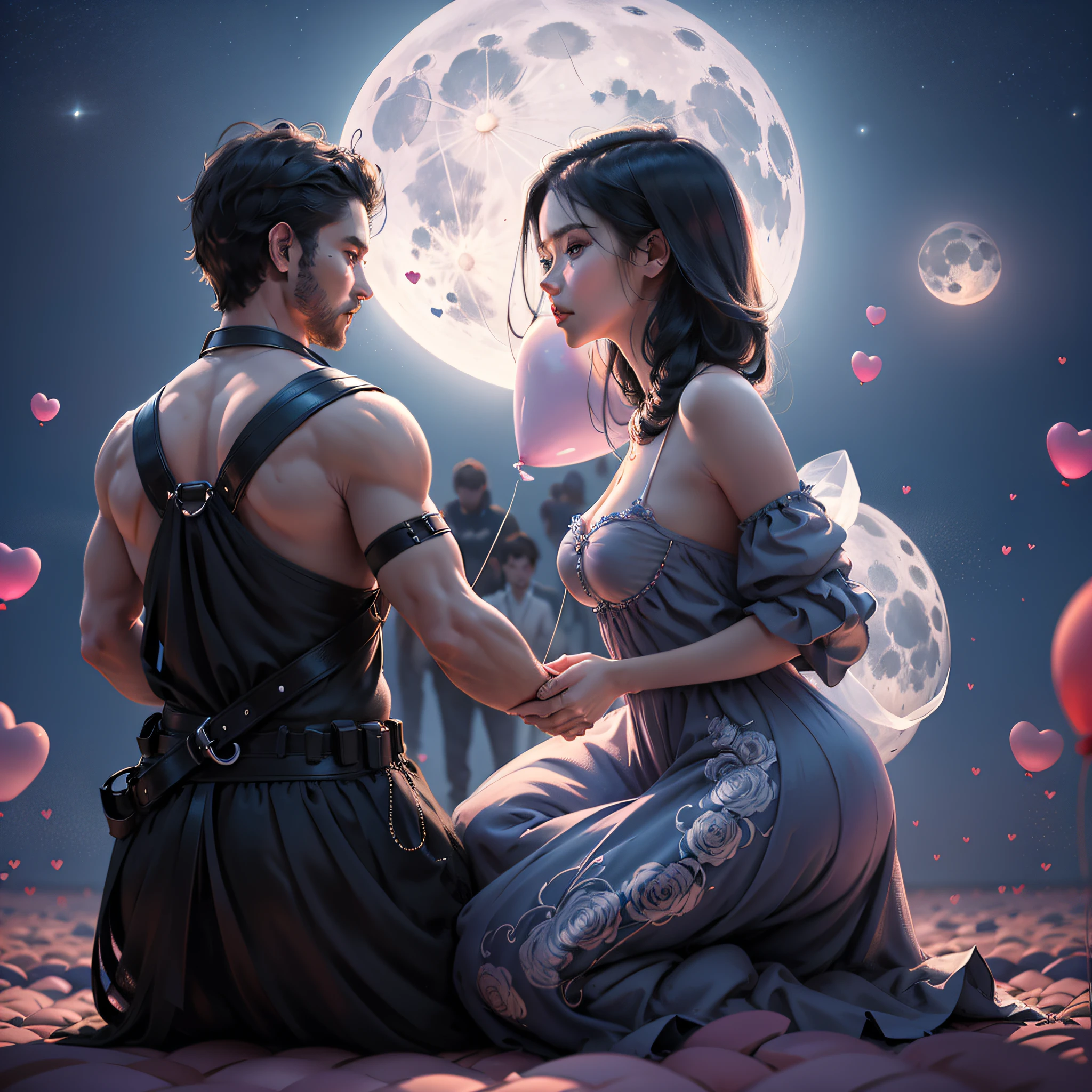 There is a man kneeling in front of a woman holding a heart-shaped balloon with a full moon in the sky and moonlight at night, super high resolution, best quality