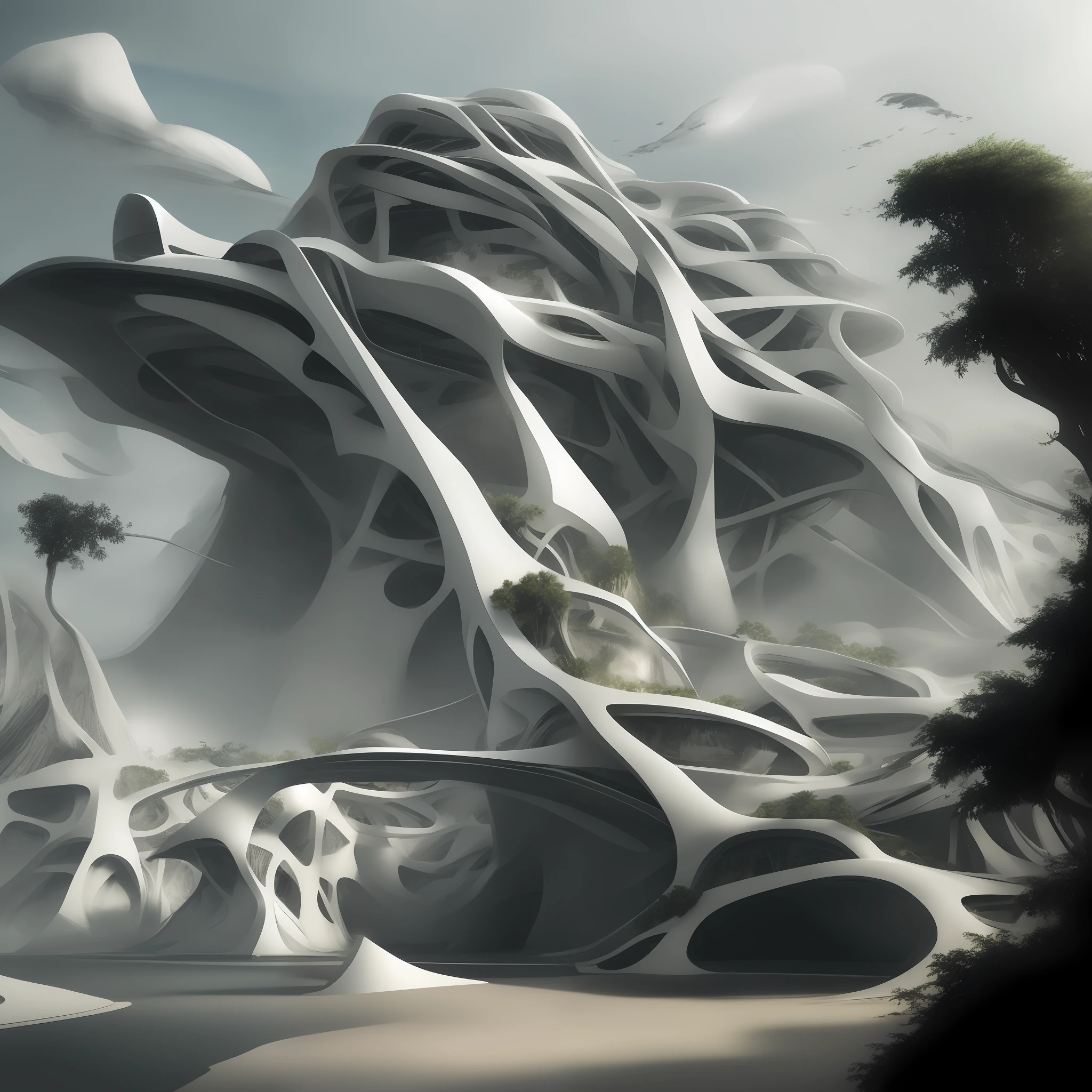 Airbrush drawing --v 5.1 style Futuristic design of an awesome sunny day environment concept art on a futuristic terrain with huge waterfalls,streams, mangroves,nature architecture, proportional,detailed,bright clouds, nature meets futuristic architecture by Santiago Calatrava and Vincent Callebaut with futuristic development, high rise made up staircases, balconies, full of composite glass facades, residential spaces carved from cliff side ,trending on artstation, beautiful lighting,In the style , fantasy, intricate, award winning, 4k, highest quality