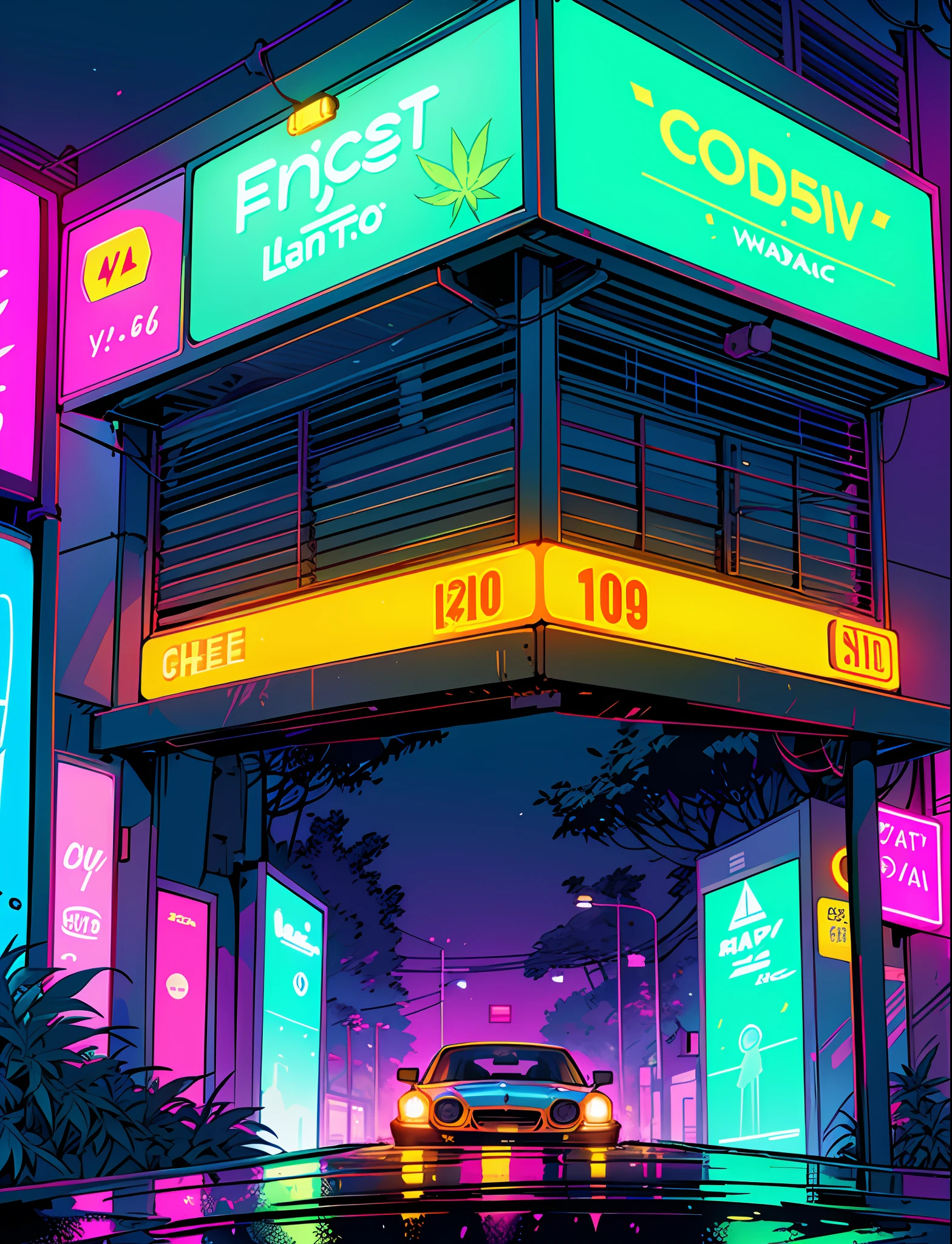 Cool chic car on a wet road. , neon lights, neon, retrowave, club, night,,, in love Hemp, leaf, marijuana, cannabis, ((illustration)), colorful, wallpaper, energy, secret, magical environment, omniscience, prediction of the future, understanding the past, frost magic, --v 6