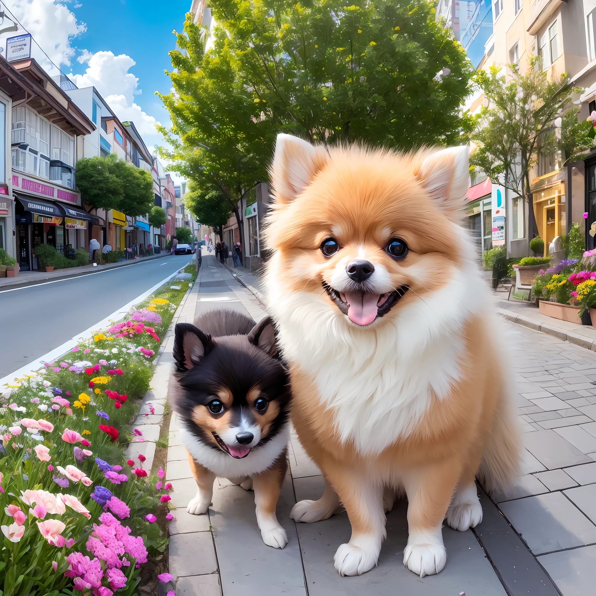 Real, Pomeranian and marshmallow integrated, big smile, location on the street, lots of flowers in the background --auto --s2