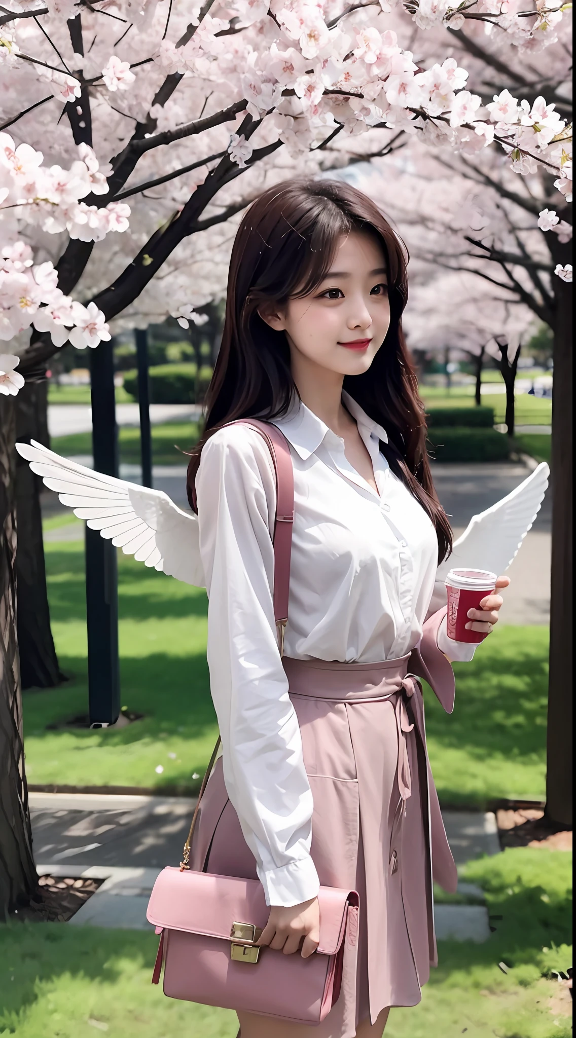 A girl, on campus, cherry blossoms open and with wings