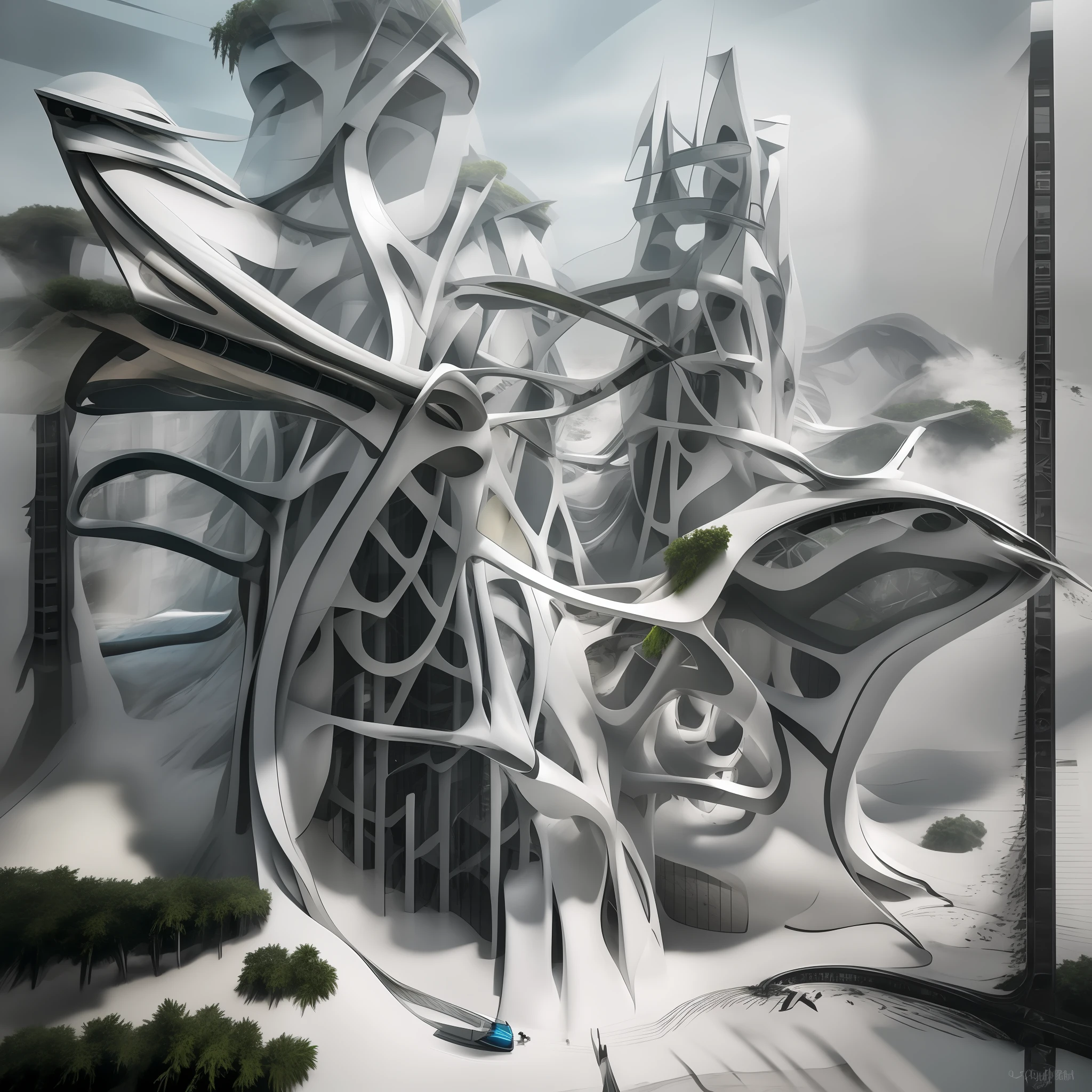Airbrush drawing --v 5.1 style Futuristic design of an awesome sunny day environment concept art on a futuristic terrain with huge waterfalls,streams, mangroves,nature architecture, proportional,detailed,bright clouds, nature meets futuristic architecture by Santiago Calatrava and Vincent Callebaut with futuristic development, high rise made up staircases, balconies, full of composite glass facades, residential spaces carved from cliff side ,trending on artstation, beautiful lighting,In the style , fantasy, intricate, award winning, 4k, highest quality