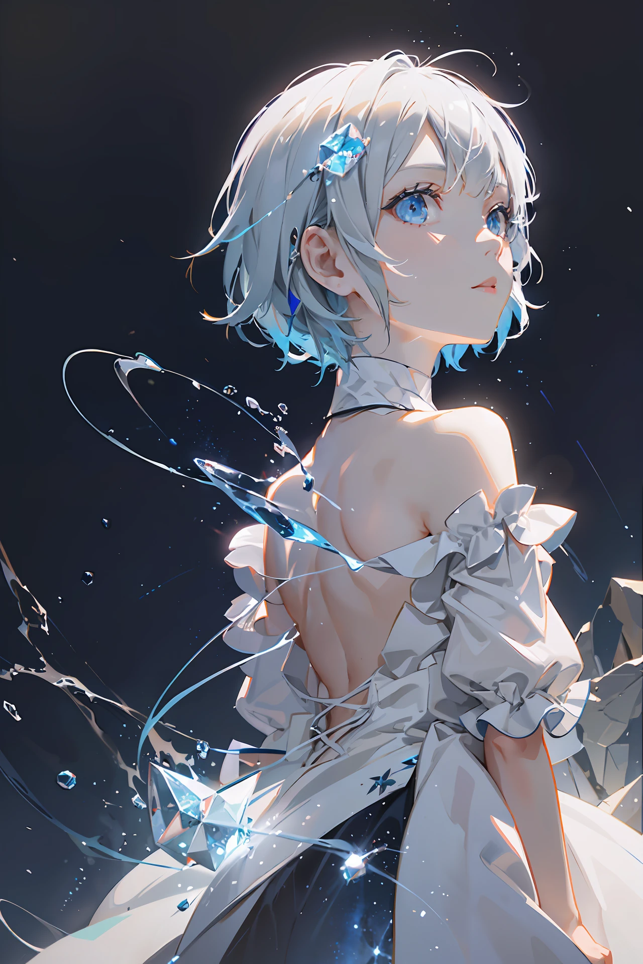[(White background: 1.5), ::5] hexagon, 1 girl, mid-shot, full body, (frightening atmosphere), Tyndall effect, (balance and adjustment of all things), absurdity, blue flame, plasma, particle effect, crystal clear texture,star_ (sky\), universe, starry_sky, blue_eyes, galaxy, solo, short_hair, earth_\(planet\ ), Illumination, Light, Dynamic Angle, Depth of Field, Light and Shadow, Real Light and Shadow, Diffuse Reflection --auto --s2