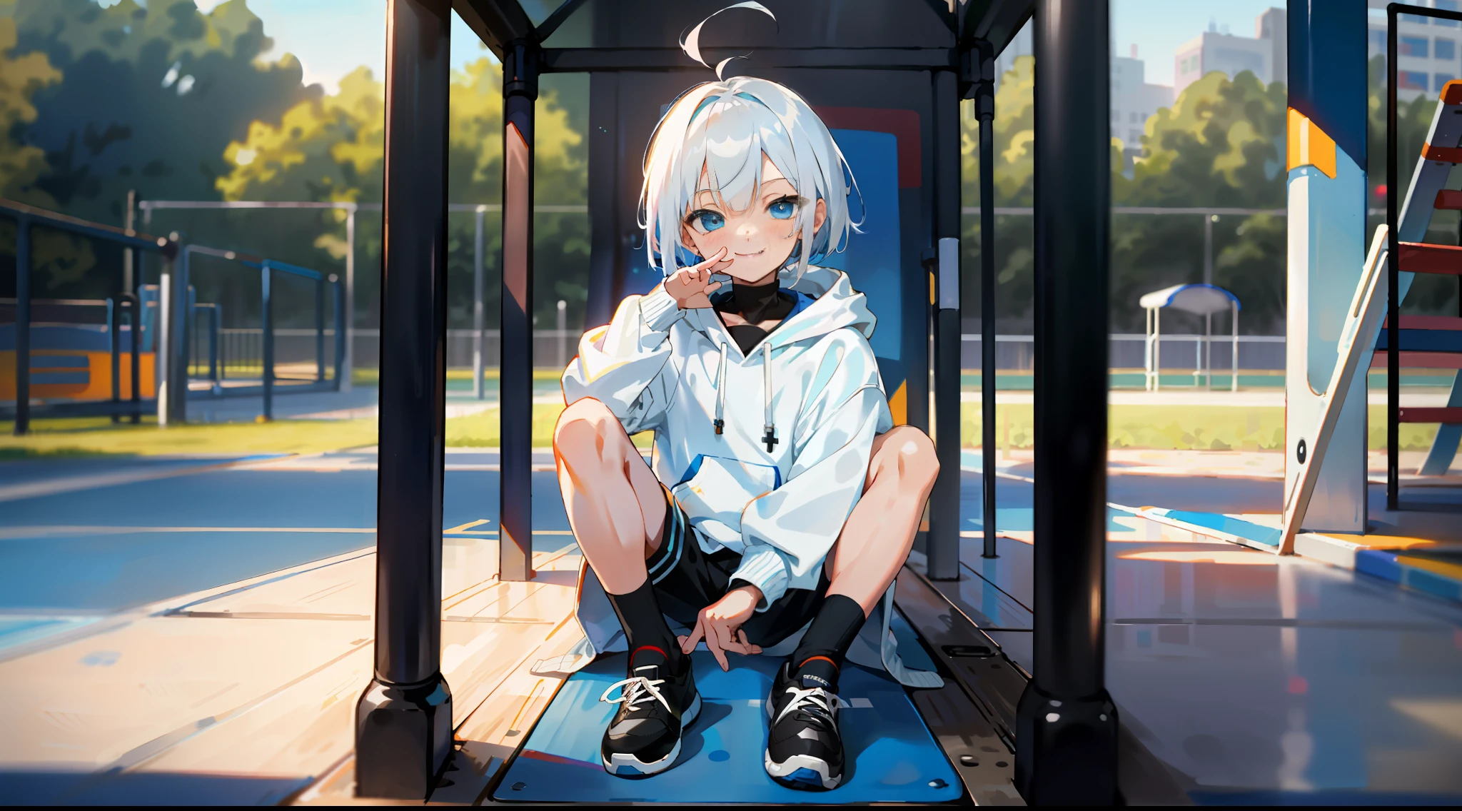 HD picture, lots of details, children's youthful style, strong and vibrant blue eyes, playground background, white Bob hairstyle 1boy sitting on the ground, wearing slim white hoodie and black knee socks, smiling, black shoes, depth of field, full body view, scissor hand gesture directly ahead.