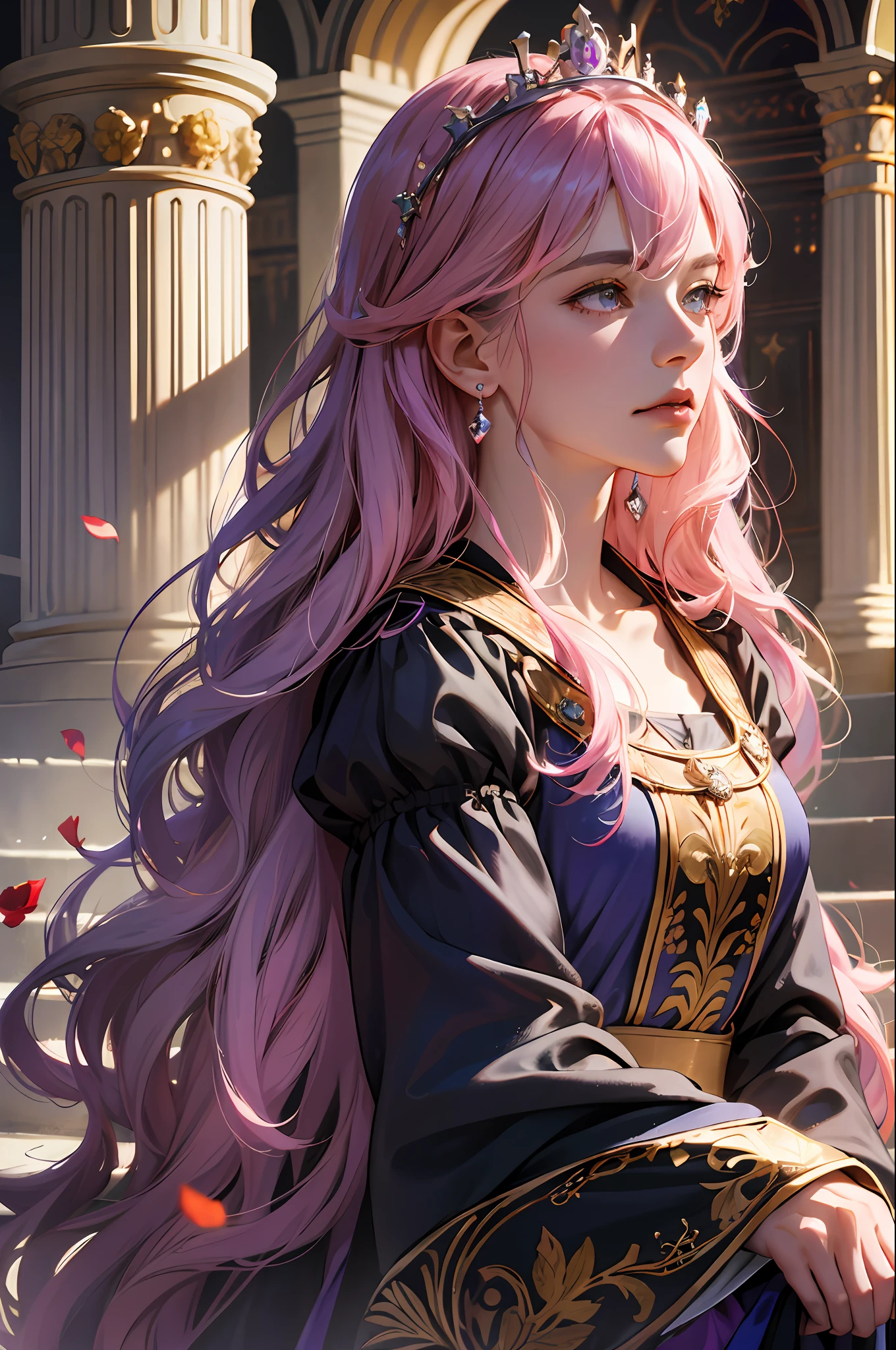 (absurdres, highres, ultra detailed), 1woman, mature female, aged up, wavy long hair, pink hair, dark brown eyes, bangs, long sleeves, finely detailed eyes and detailed face, extremely detailed CG unity 8k wallpaper, intricate details, portrait, looking up, solo, half shot, detailed background, detailed face, (purple medieval byzantine theme:1.1), royal monarch, aristocratic, floating particles, rose petals, sitting on stairs, ballroom background, symmetrical composition, sidelighting, cinematic atmosphere, shadows, royal crown, jewels, , portrait, wind swirling