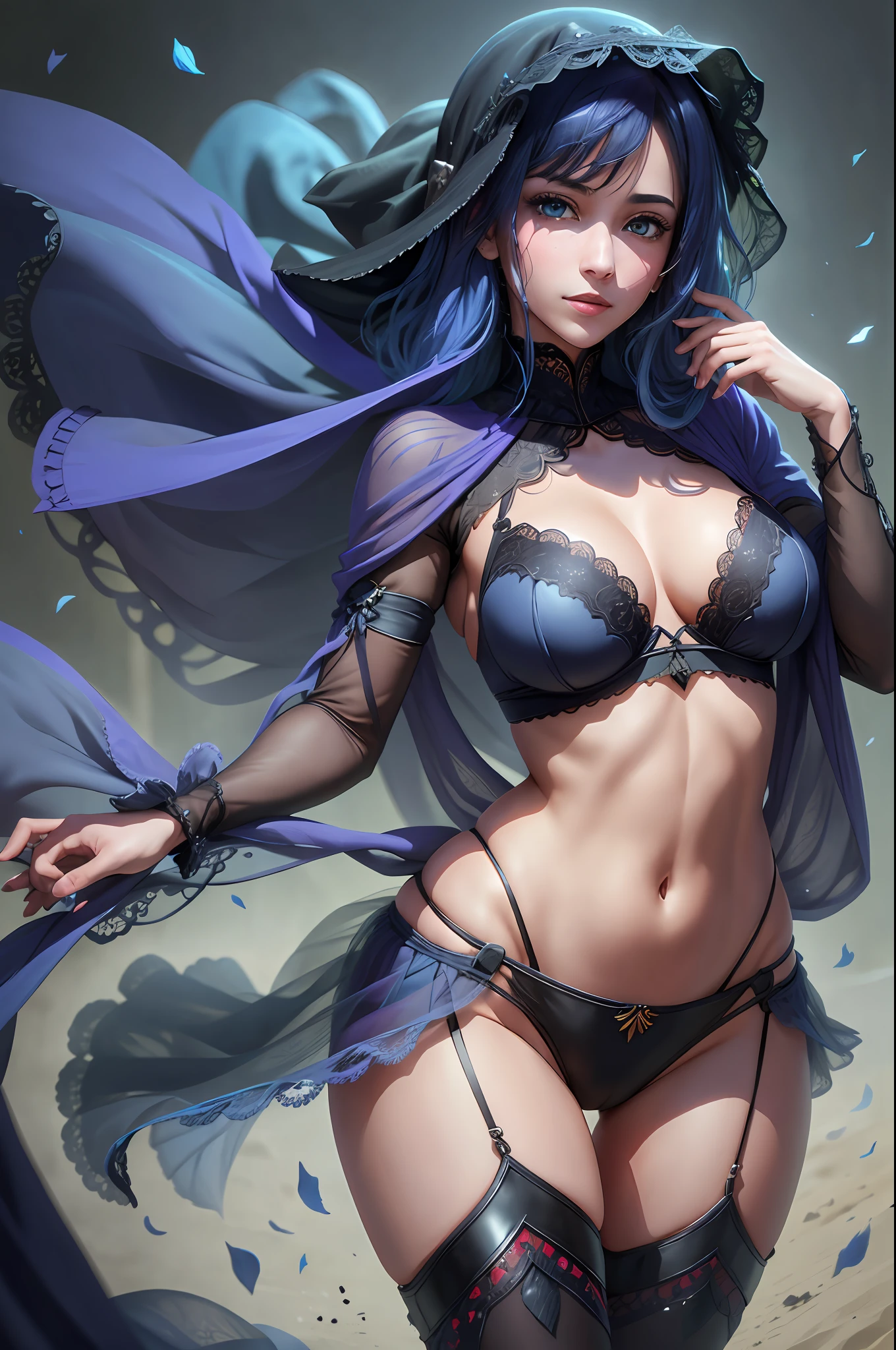 Akane, blue hair, blue eyes, 1girl, beautiful young woman portrait, magician, serious, mature, (black lace, black veil, wearing a black veil covering her face: 1.2), midriff, perfect skin, magic, top quality, masterpiece, complex, volumetric lighting, film, 8k, film lighting, masterpiece, perfect tone map, realistic, cleavage, exposure, thighs, arabian woman, dancer,