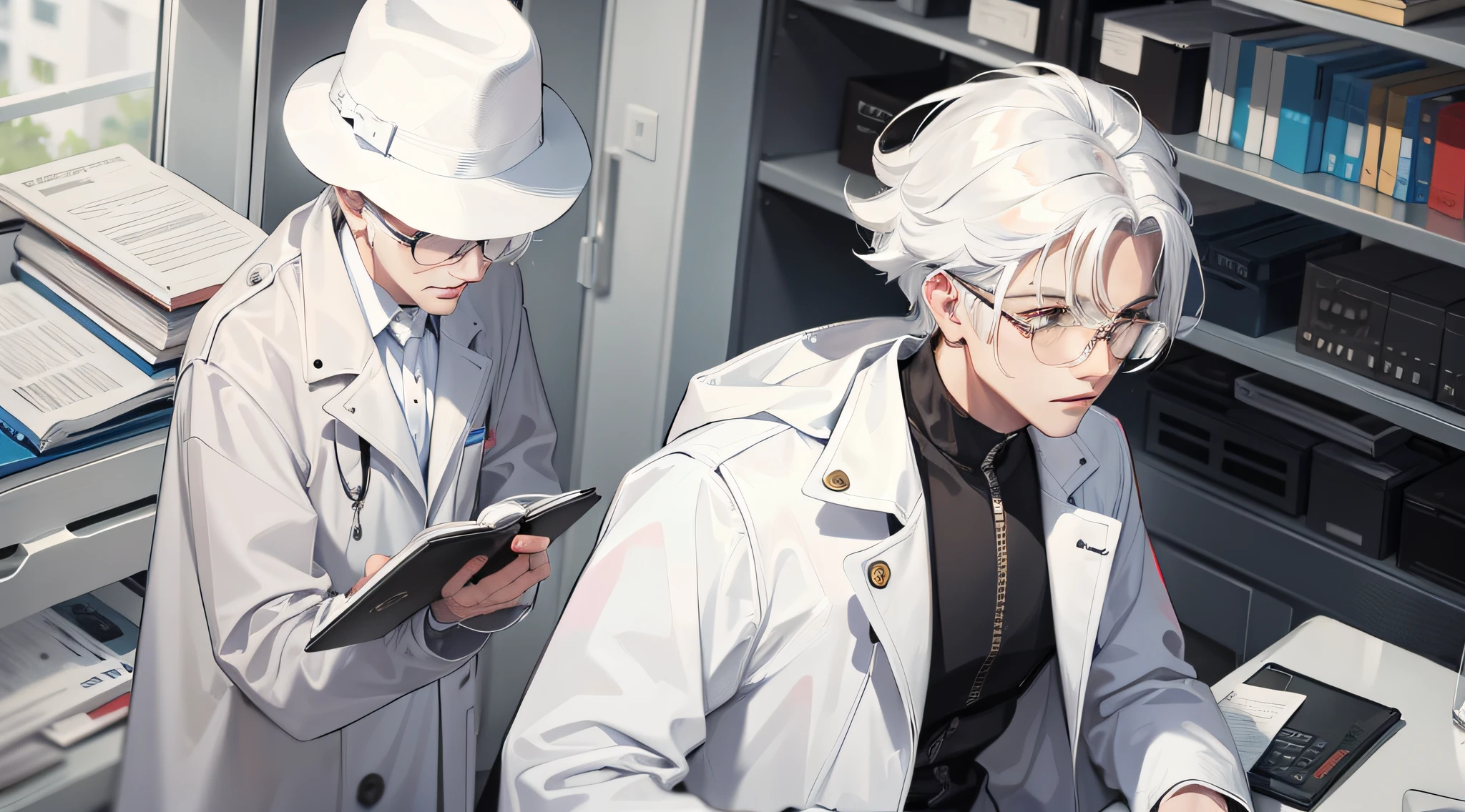 White-haired old man, glasses, scientist, white coat