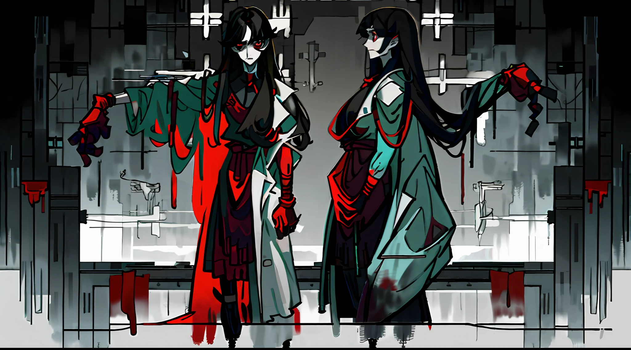 Red eyes, black hair, qi bangs, cold eyes, lab coat, side, long straight hair, skyscraper, splashed blood, human tissue, experiment, murderer, wearing gloves, operating table, standing painting, cold eyes, jumping, three views