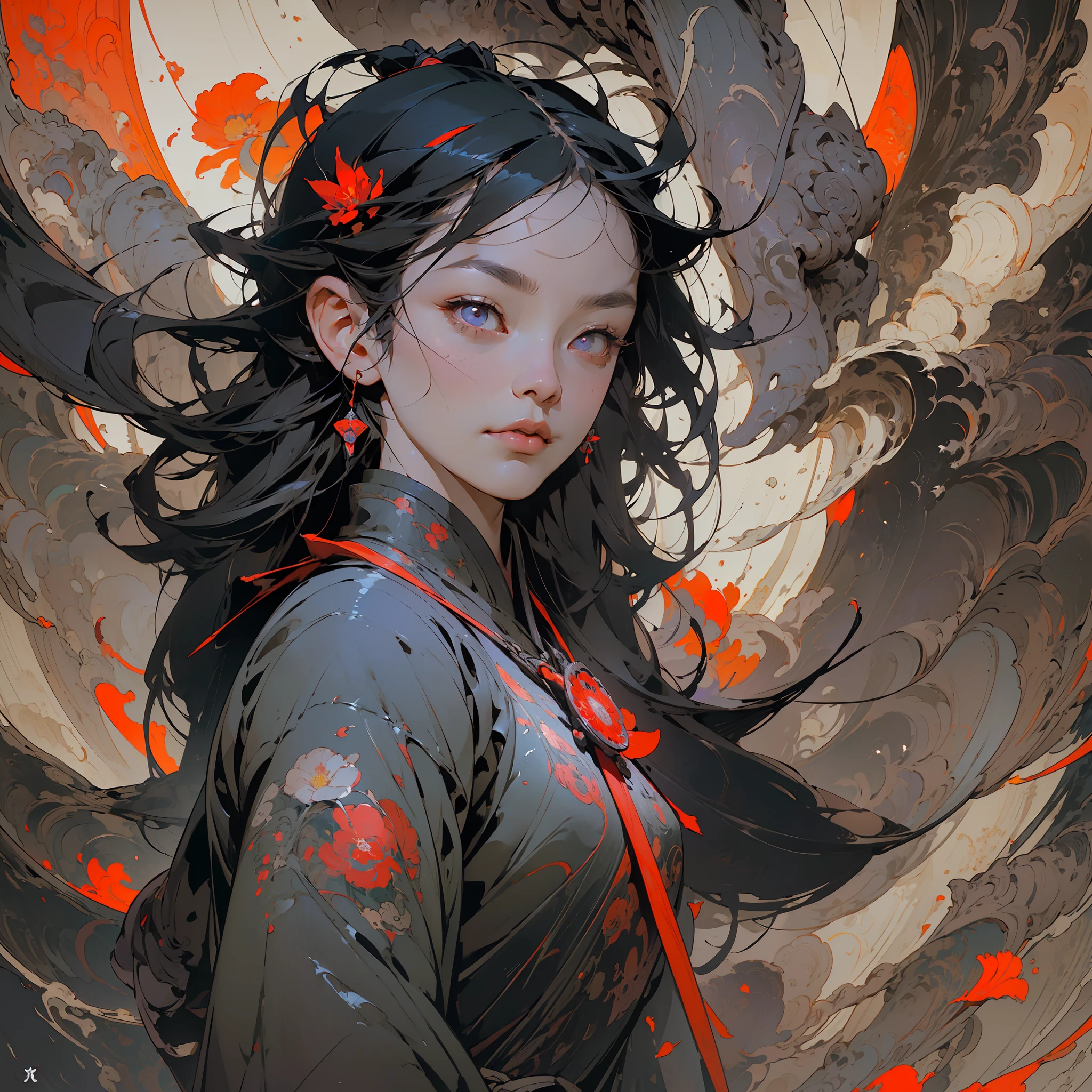 1 girl, purple eyes, long black hair, blunt bangs, hooded robe, bloodstains, pond, grinning, glowing eyes, scythe, deep shadow, backlight, red lycoris flower, scary, (alphonse mucha),((masterpiece)), (best quality), ((paper_cutting)), ((traditional media)),(ultra-detailed), (best illustration),(best shadow), (cinematic lighting),(detailed background),((scenery focus)), beautiful detailed eyes, light diffusion, (((flat color))), (((thick outlines))), Light particles,((pixiv)), (((limited palette))),((album cover)),((floating hair)), papier-mch style, glowing ambiance, ultra-detailed,