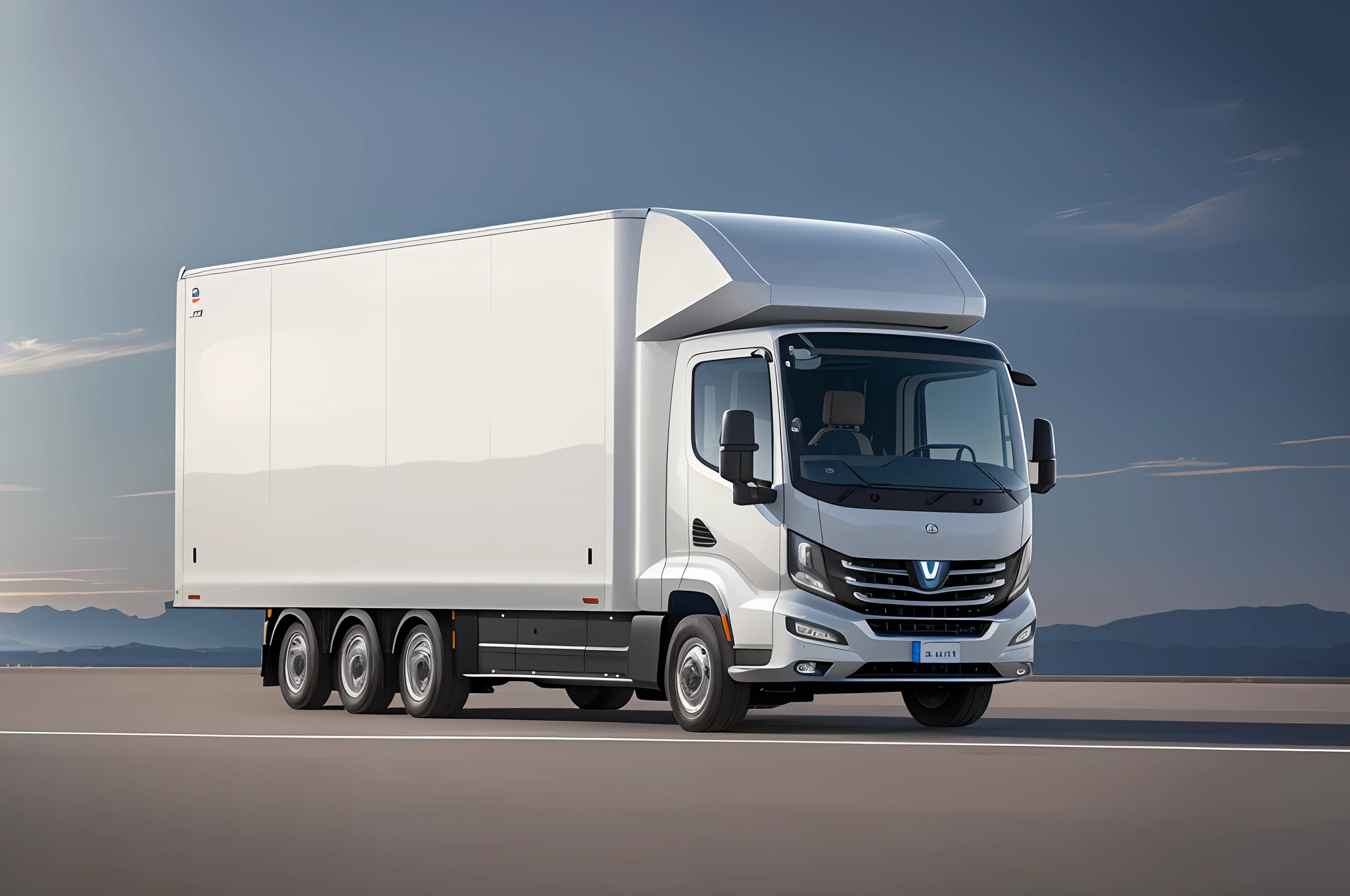 High quality, high detail, UHD, 8K, simple design (light commercial vehicle: 1.4), (left 45° viewing angle: 1.1), flat head, cargo box, minimalist style, electric car elements, centered, no unnecessary lines, highway, light background.