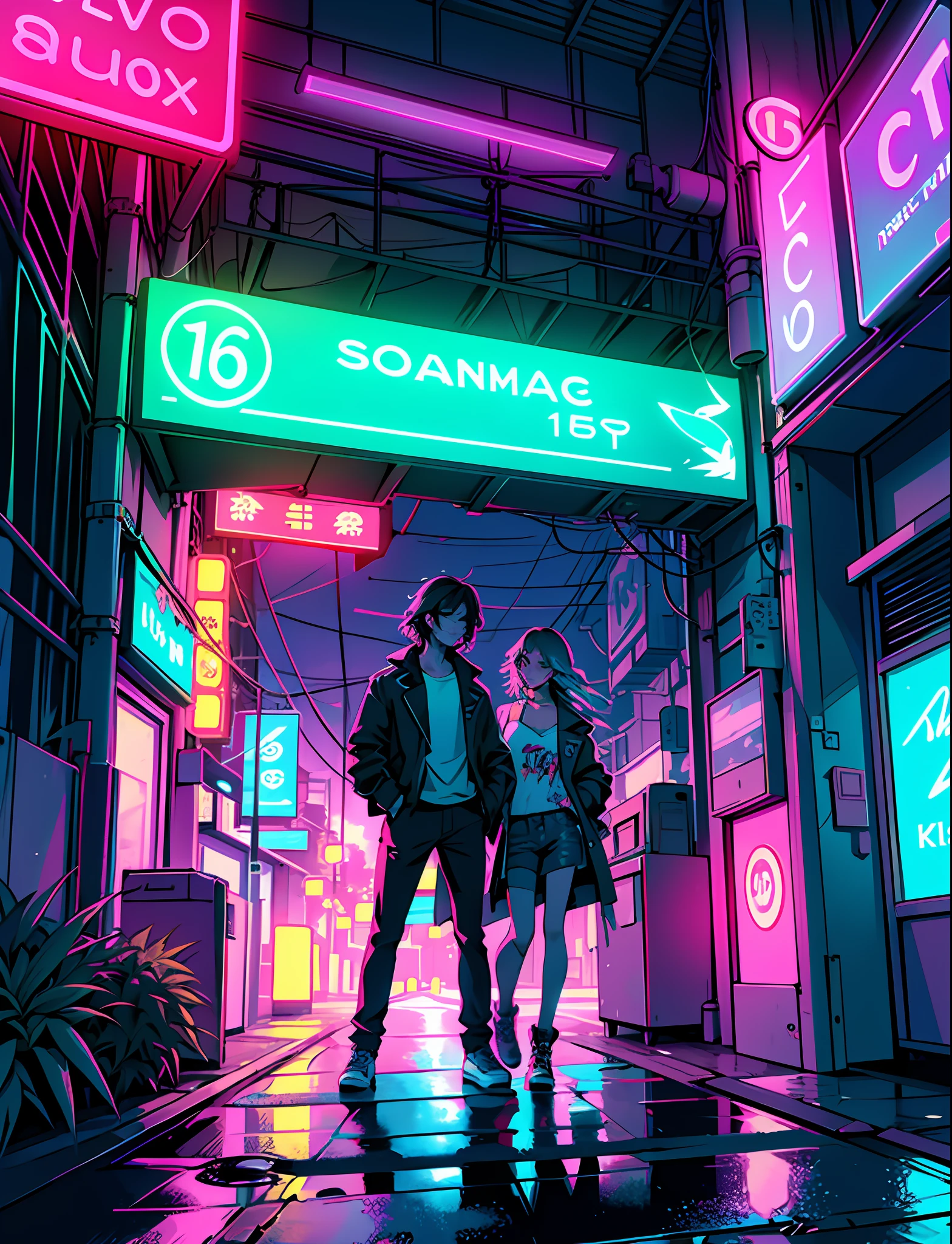 Cool chic car on a wet road. , neon lights, neon, retrowave, club,,,, in love Hemp, leaf, ?????????, ????????, ((illustration)), colorful, wallpaper, energy, secret, magical environment, omniscience, prediction of the future, understanding the past, frost magic, --v 6